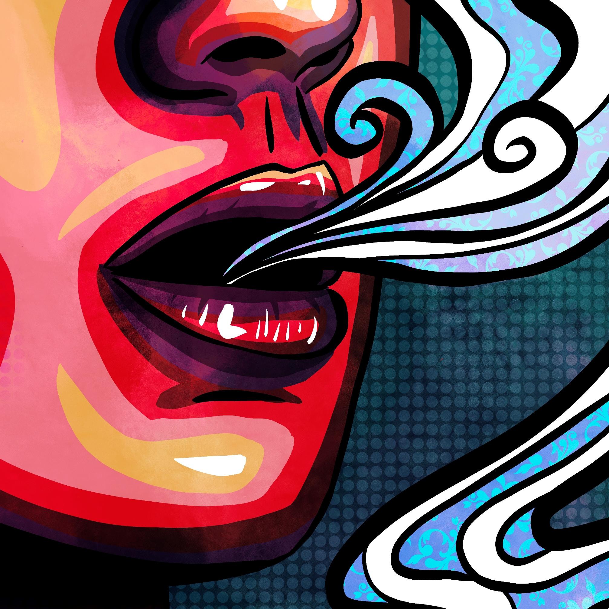 Close up of a pop art styled digital painting by Lily Bourne printed on eco fine art paper titled Emanate showing the mouth of a female exhaling breath.
