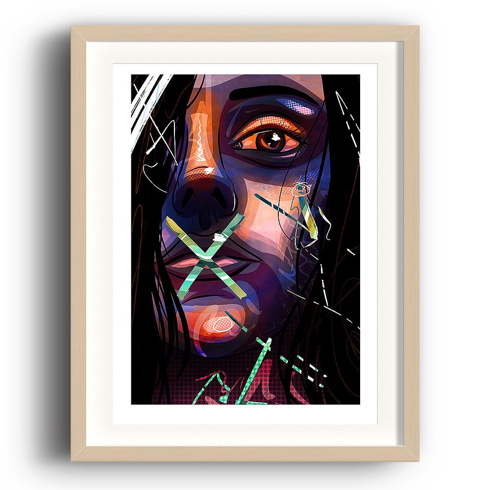 A digital pop art painting by Lily Bourne printed on eco fine art paper titled Hush Hushed showing a close up of a female face with abstract line and a green cross on here lips and mouth. The image is set in a beech coloured picture frame.