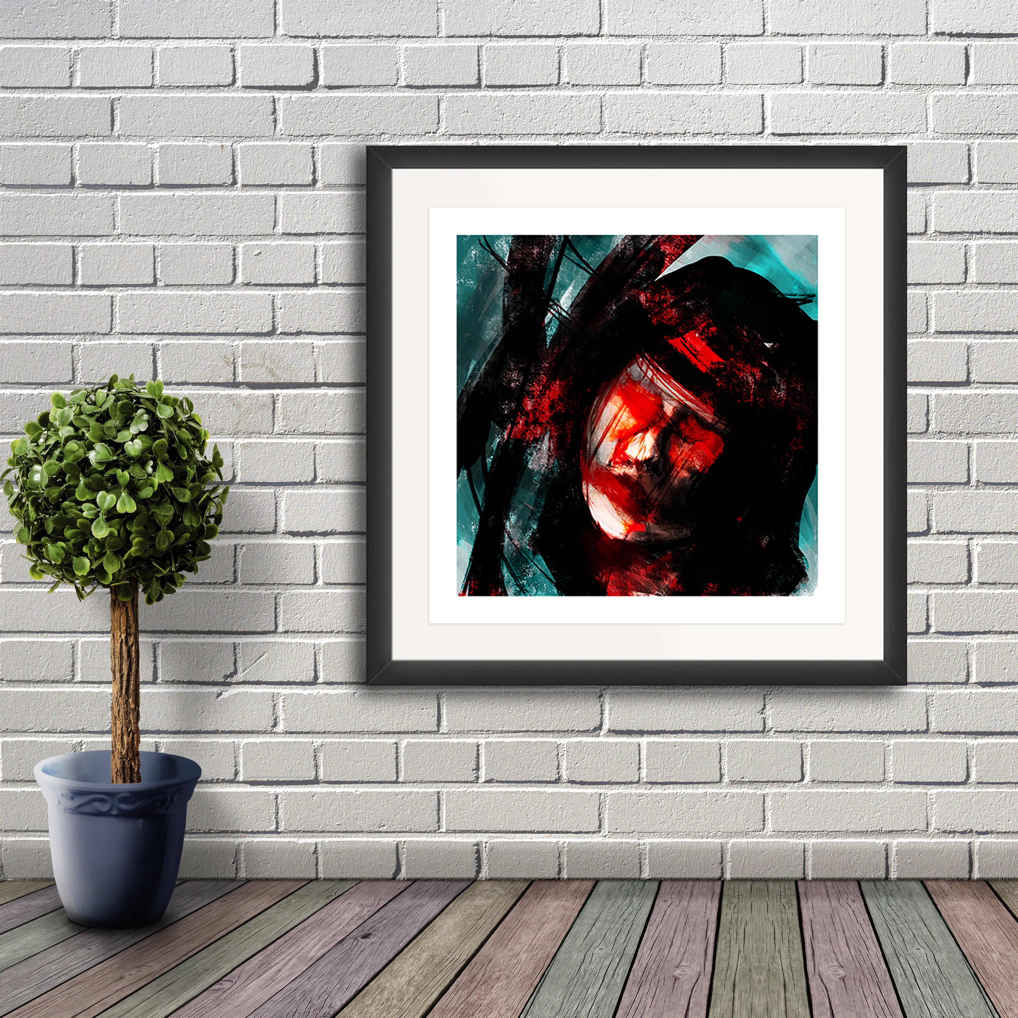 An abstract digital painting by Lily Bourne printed on eco fine art paper titled Tuned showing a female face amongst turquoise, black and red lines. Artwork shown in a black frame hanging on a brick wall.