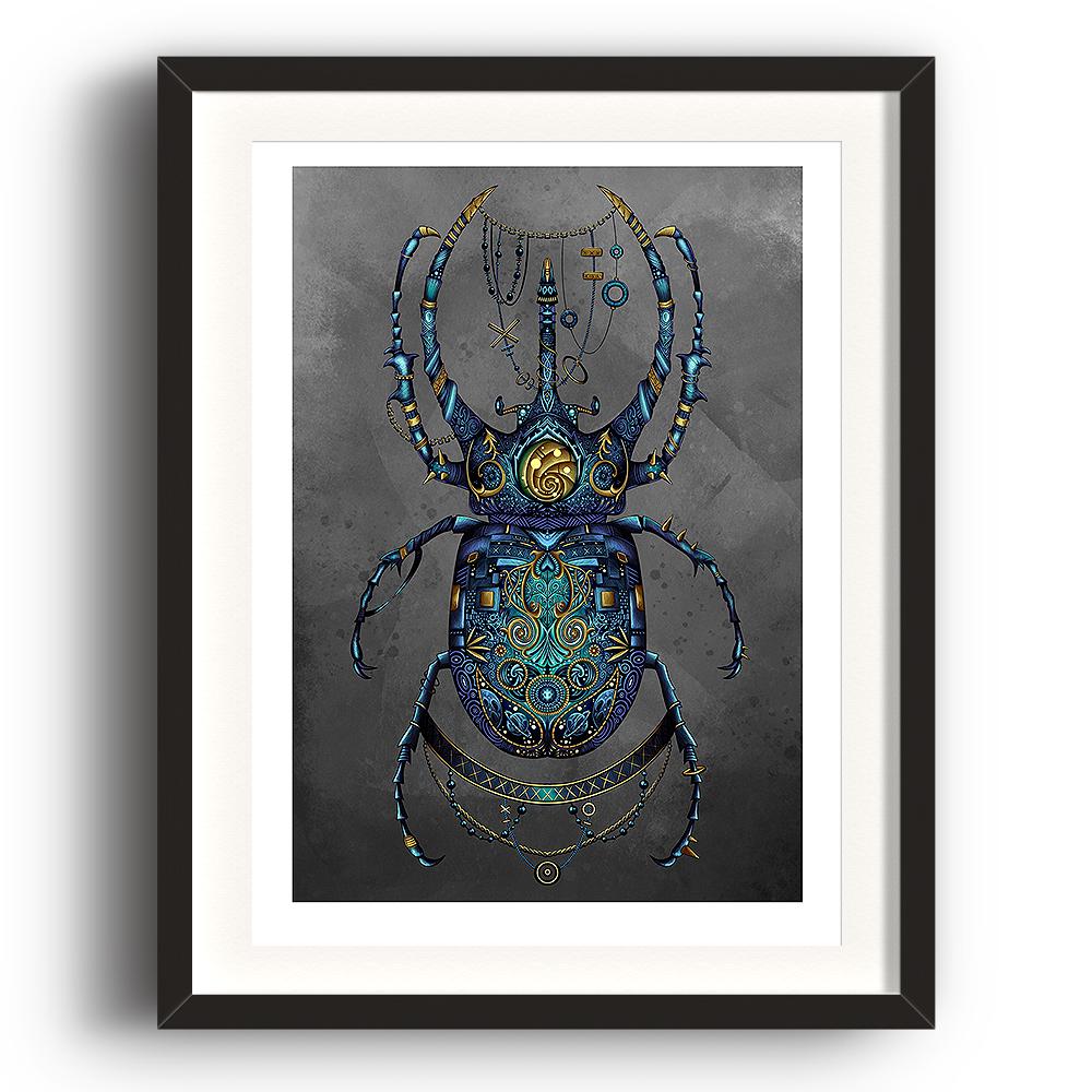 A digital painting by Lily Bourne printed on eco fine art paper titled Beetle showing a jewel encrusted beetle coloured blue and turquoise with grey background in a steam punk style. The image is set in a black coloured picture frame.