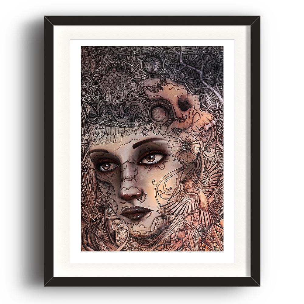 A digital painting by Lily Bourne printed on eco fine art paper titled Kalopsia showing an intricate line drawing of a female face with a bird and skull. The image is set in a black coloured picture frame.