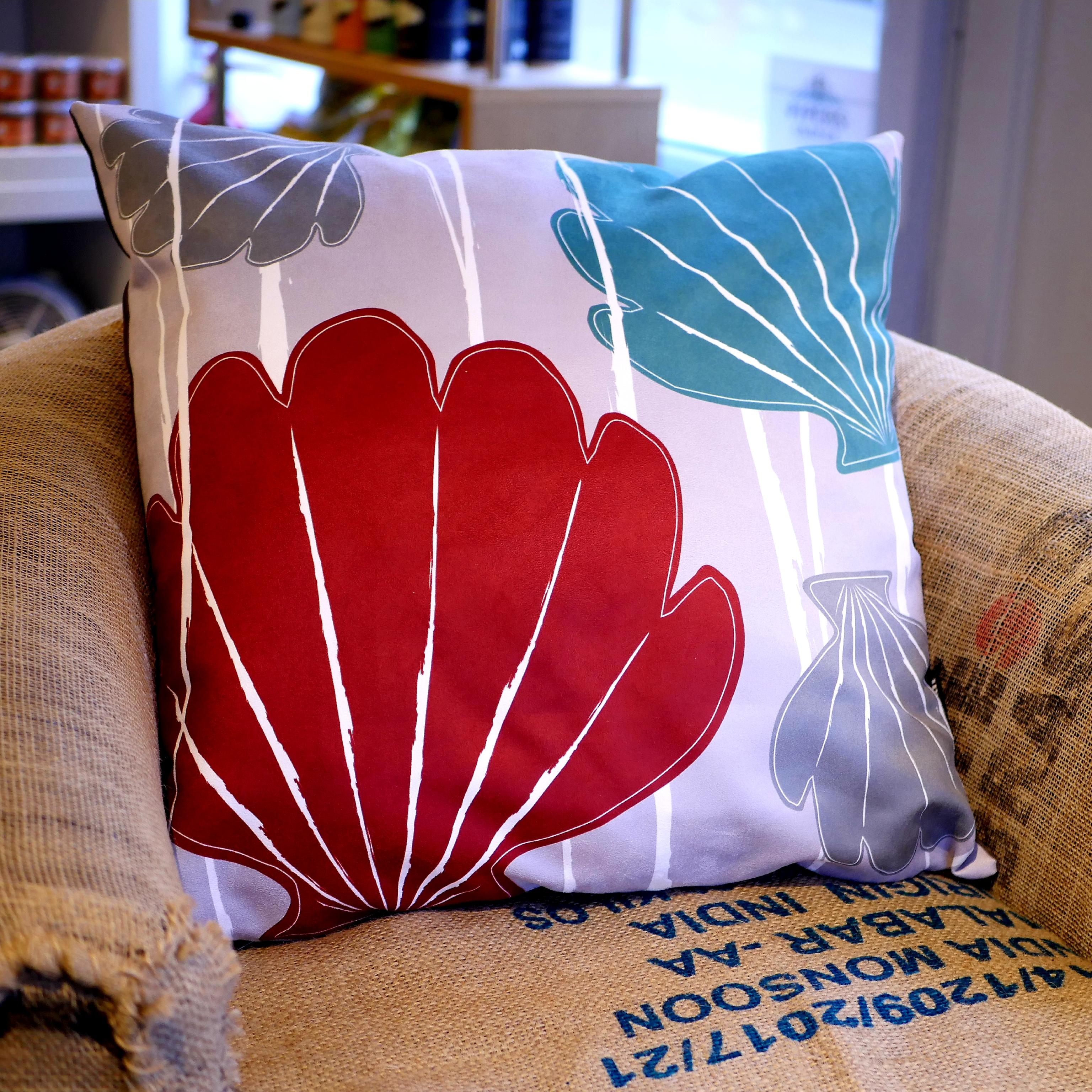 Aqua teal, red & grey faux suede soft feel Abstract Shells Cushion, 57cm square, with luxury inner pad designed by thetinkan. VIEW PRODUCT >>