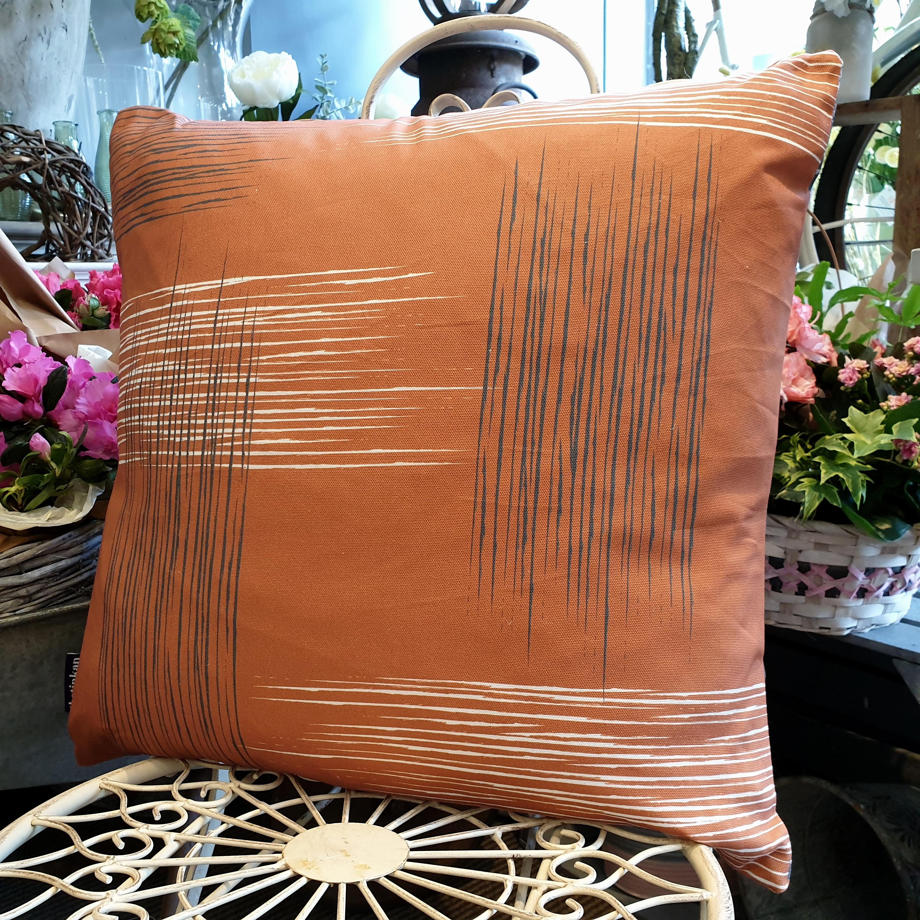 Double-sided warm rust orange 51cm square retro themed cushion with artistic grey and white shards designed by thetinkan. Available with an optional luxury cushion inner pad. VIEW PRODUCT >>