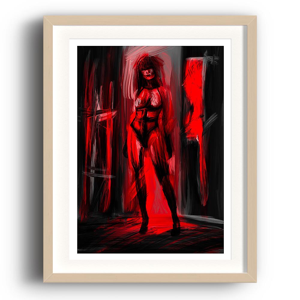 Red & black coloured image by Lily Bourne called Inner Silhouette showing an erotic lady standing in a doorway. Image depicts a demon of the mind. Image in a beech frame.