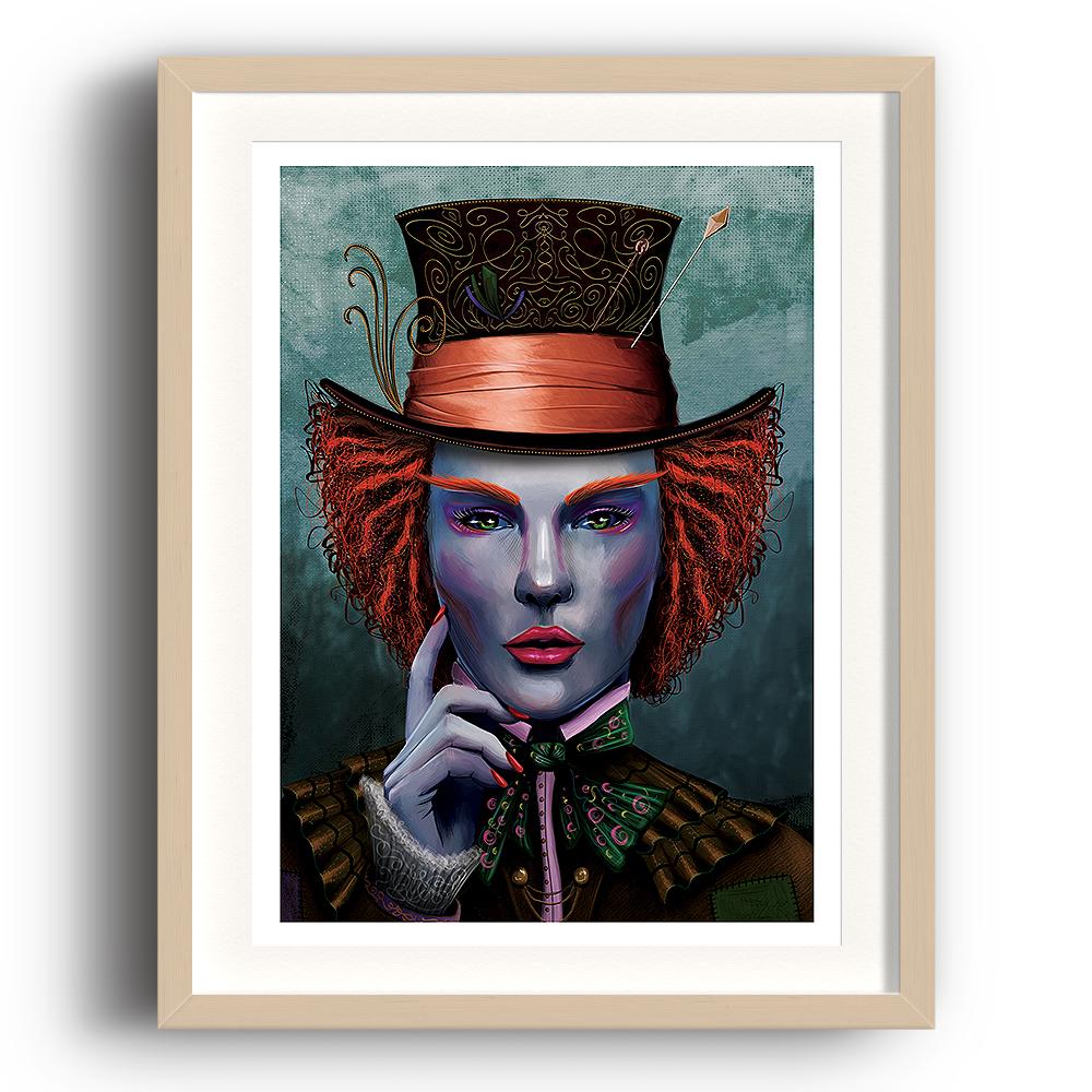 A digital painting called I Am by Lily Bourne showing face on portrait based on the character of The Mad Hatter with colourful hat and makeup. The image is set in a beech coloured picture frame.