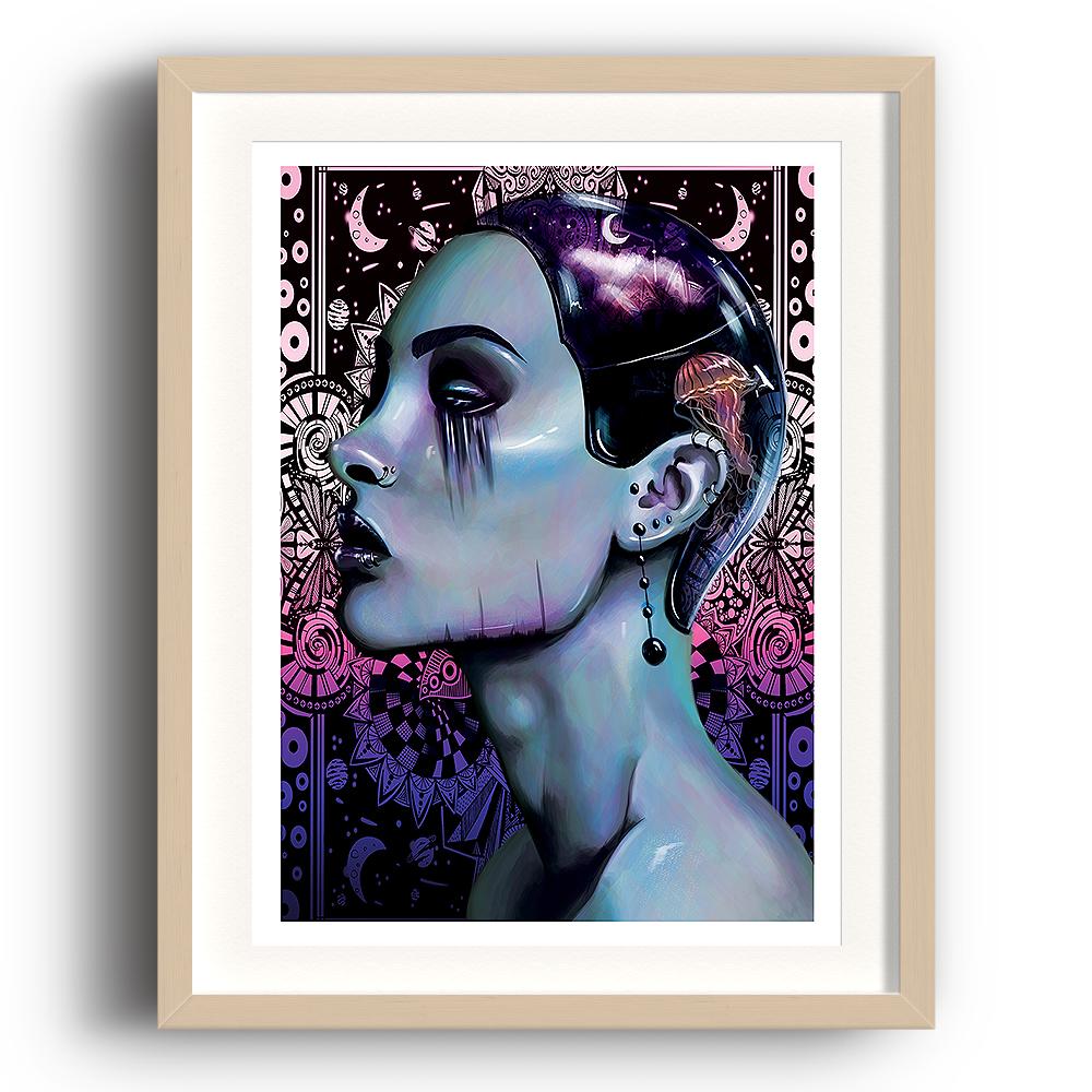 A digital painting called Depth by Lily Bourne a lilac image of a lady with a stenciled background. The lady wears a a tight skull cap with a jelly fish on it. The lady has artisitc makeup. The image is set in a beech coloured picture frame.