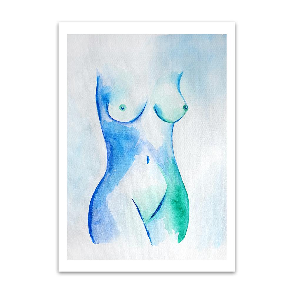 A watercolour print by Clarrie-Anne on eco fine art paper titled In The Night showing a blue and turquoise naked woman on a wash background.