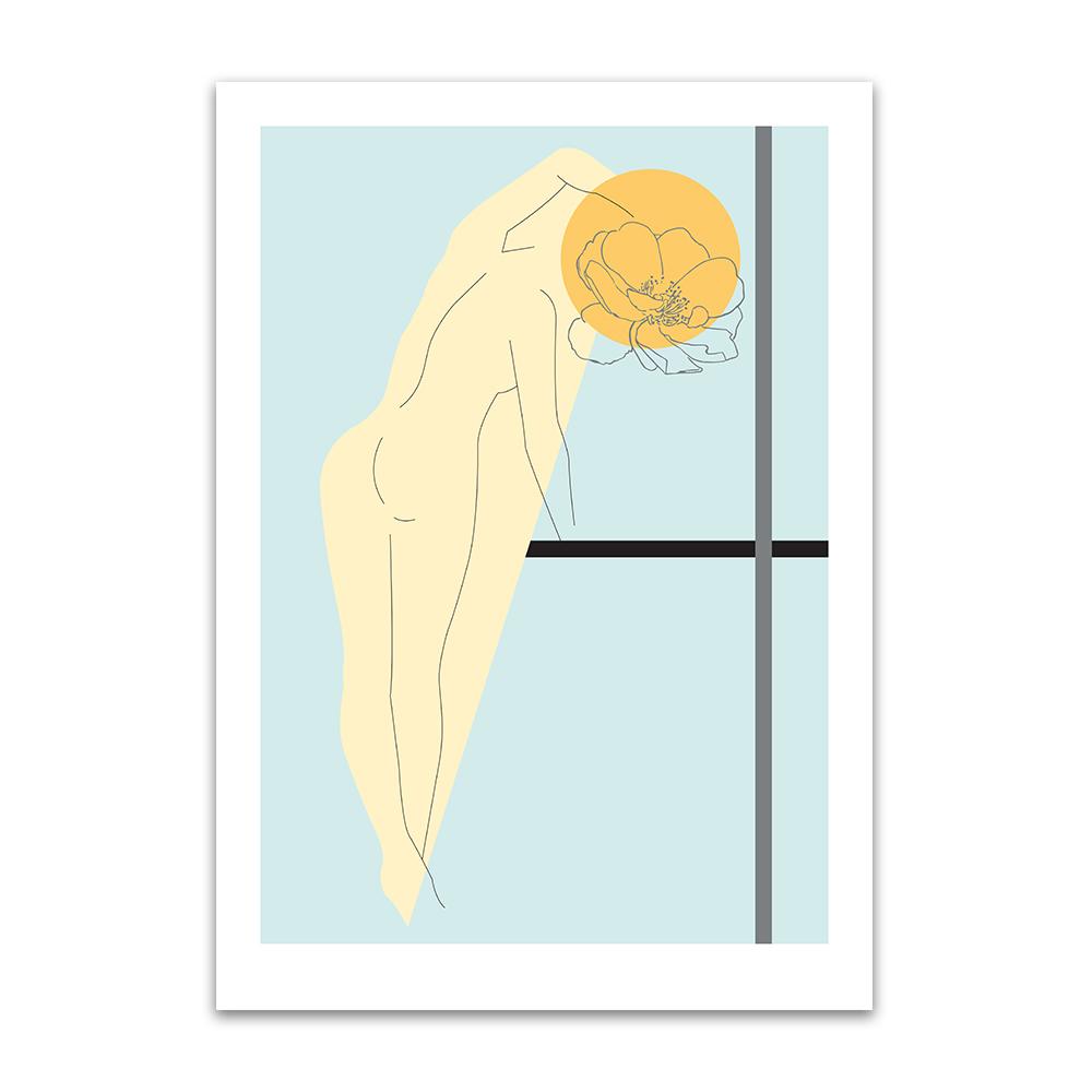 An abstract digital art print by Clarrie-Anne on eco fine art paper titled Bloom showing a line drawing of a female with a flower head, a yellow cricle on a blue background with black and grey lines.