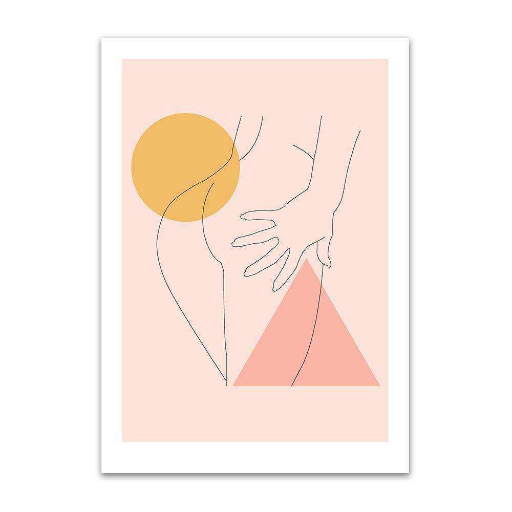 An abstract digital illustration print by Clarrie-Anne on eco fine art paper titled Double Tap showing the hand line drawn naked bottom of a femail on a peach background with triangle and square shapes added.