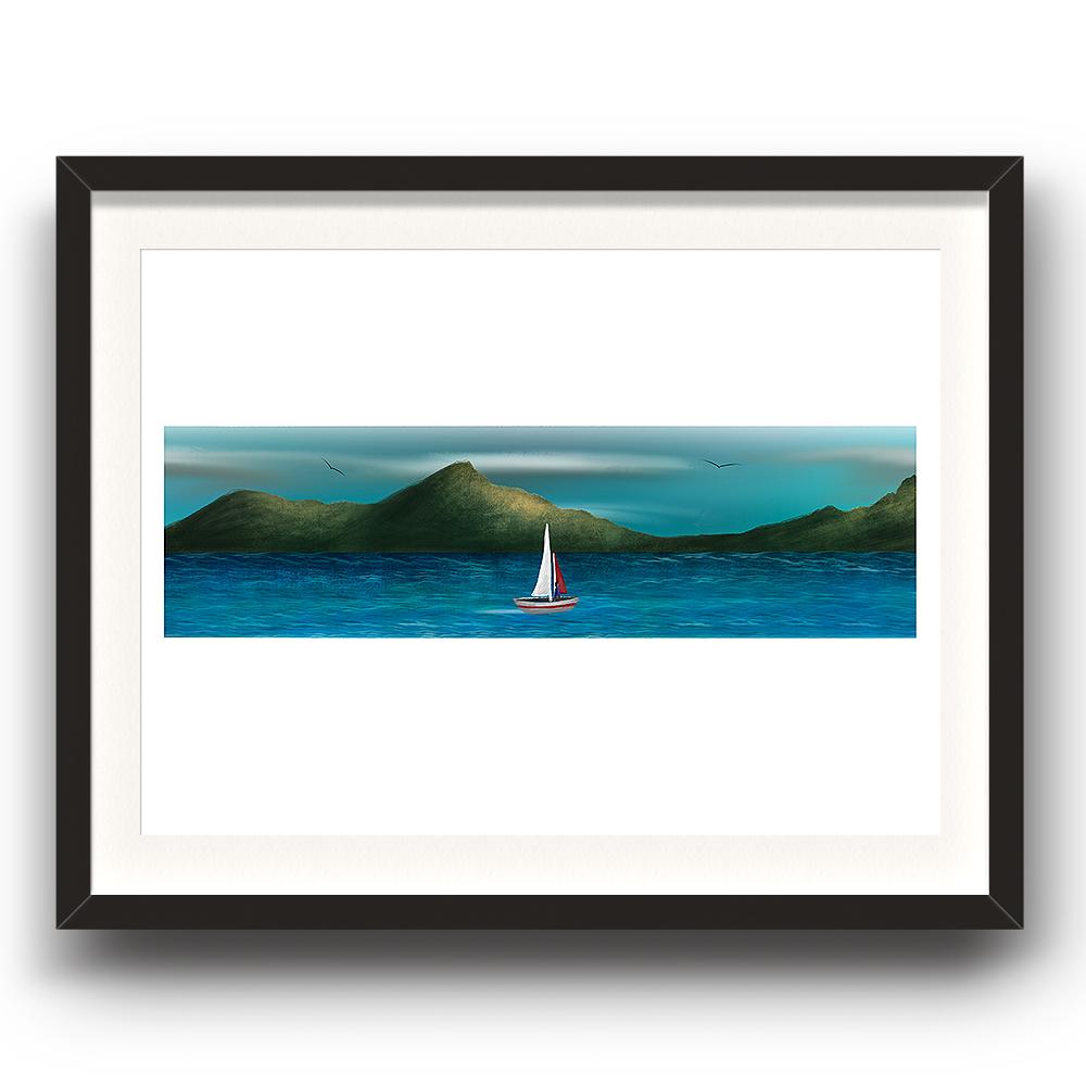 A digital painting by Lily Bourne printed on eco fine art paper titled Just Breath 1.2 showing a landshape view of a sail boat with one person sailing on open water with mountains behinds and birds flying above. The image is set in a black coloured picture frame.