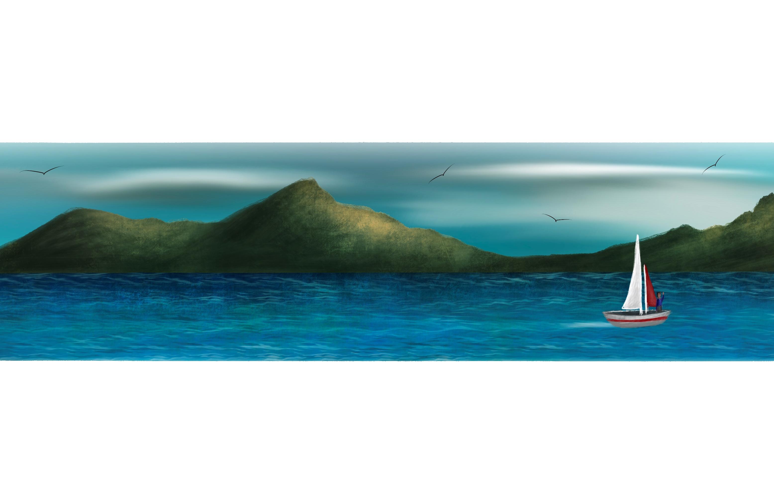 A digital painting by Lily Bourne printed on eco fine art paper titled Just Breath 1.3 showing a landshape view of a sail boat with one person sailing on open water with mountains behinds and birds flying above.