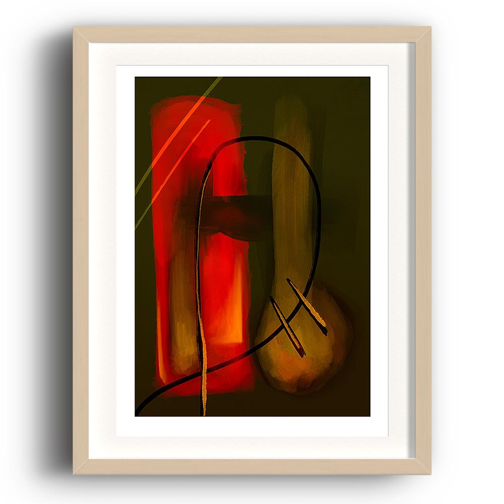 An abstract digital painting by Lily Bourne printed on eco fine art paper titled Autumnal Warmth Prevailing showing warm red tones against against dark green. Hand drawn black and orange lines crossing the colours. The image is set in a beech coloured picture frame.