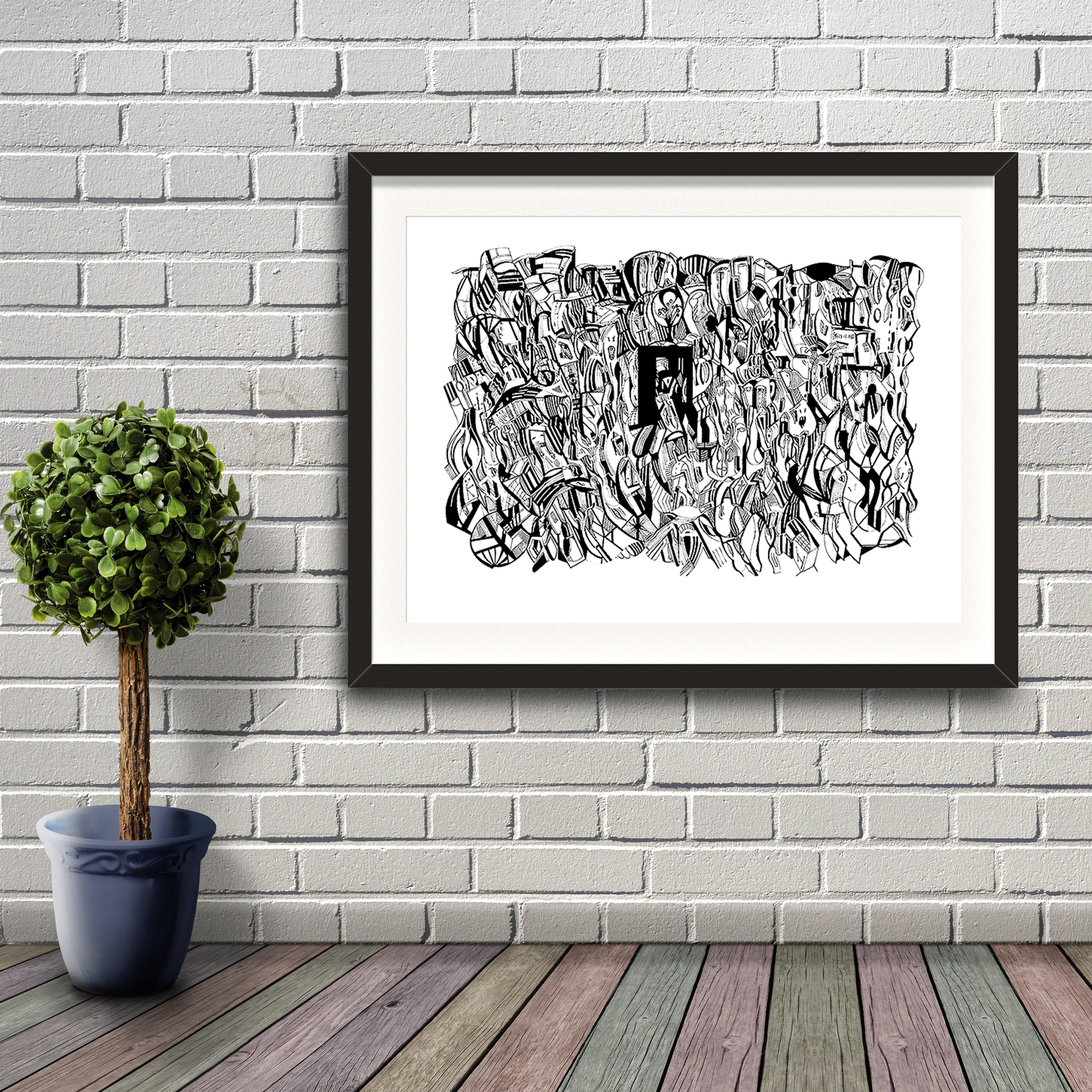 A fine art print from Jason Clarke titled Totally Messed Up drawn with a black Pentel pen. Dated 28/12/15. Artwork shown in a black frame hanging on a brick wall.
