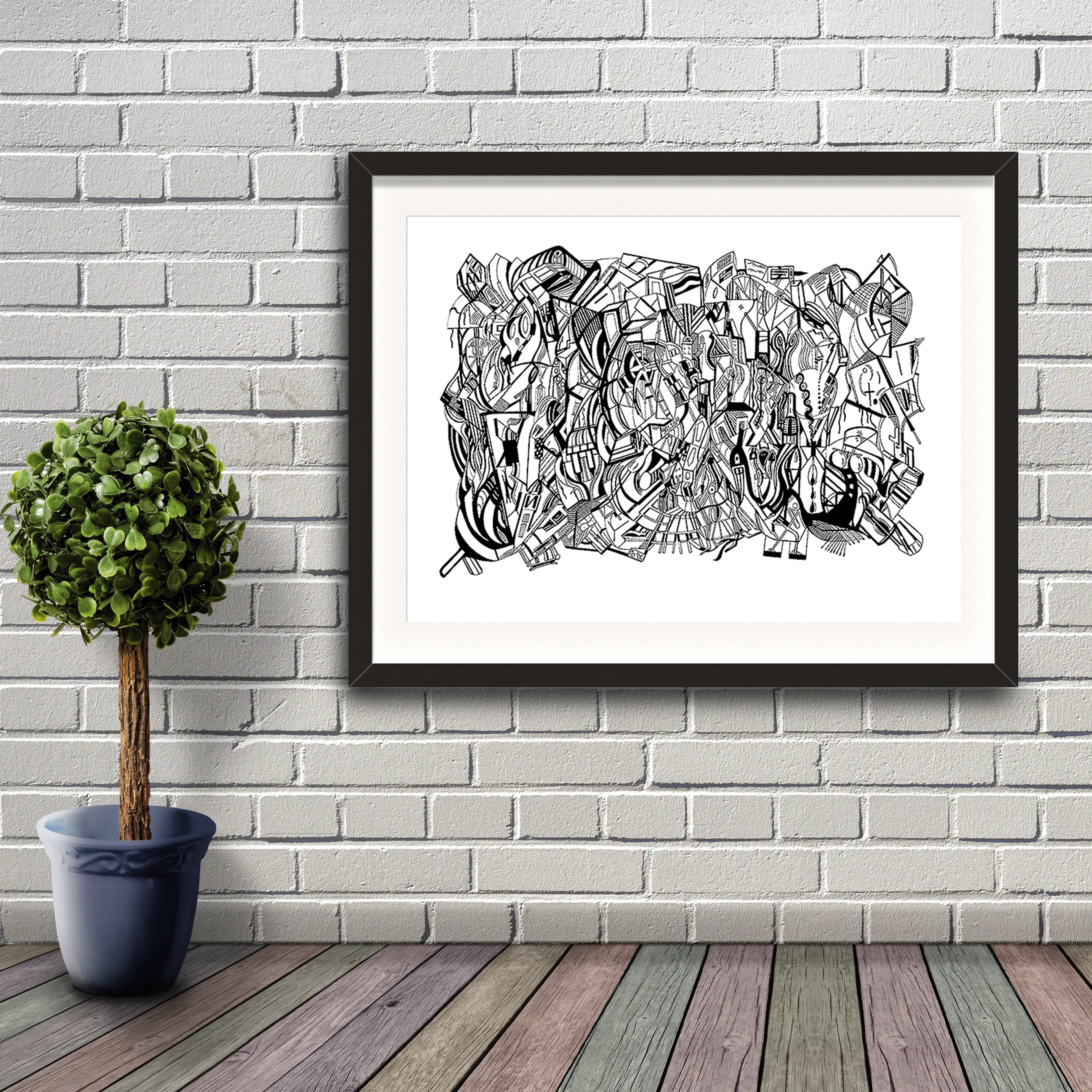 A fine art print from Jason Clarke titled inside The Machine drawn with a black Pentel pen. Artwork shown in a black frame hanging on a brick wall.