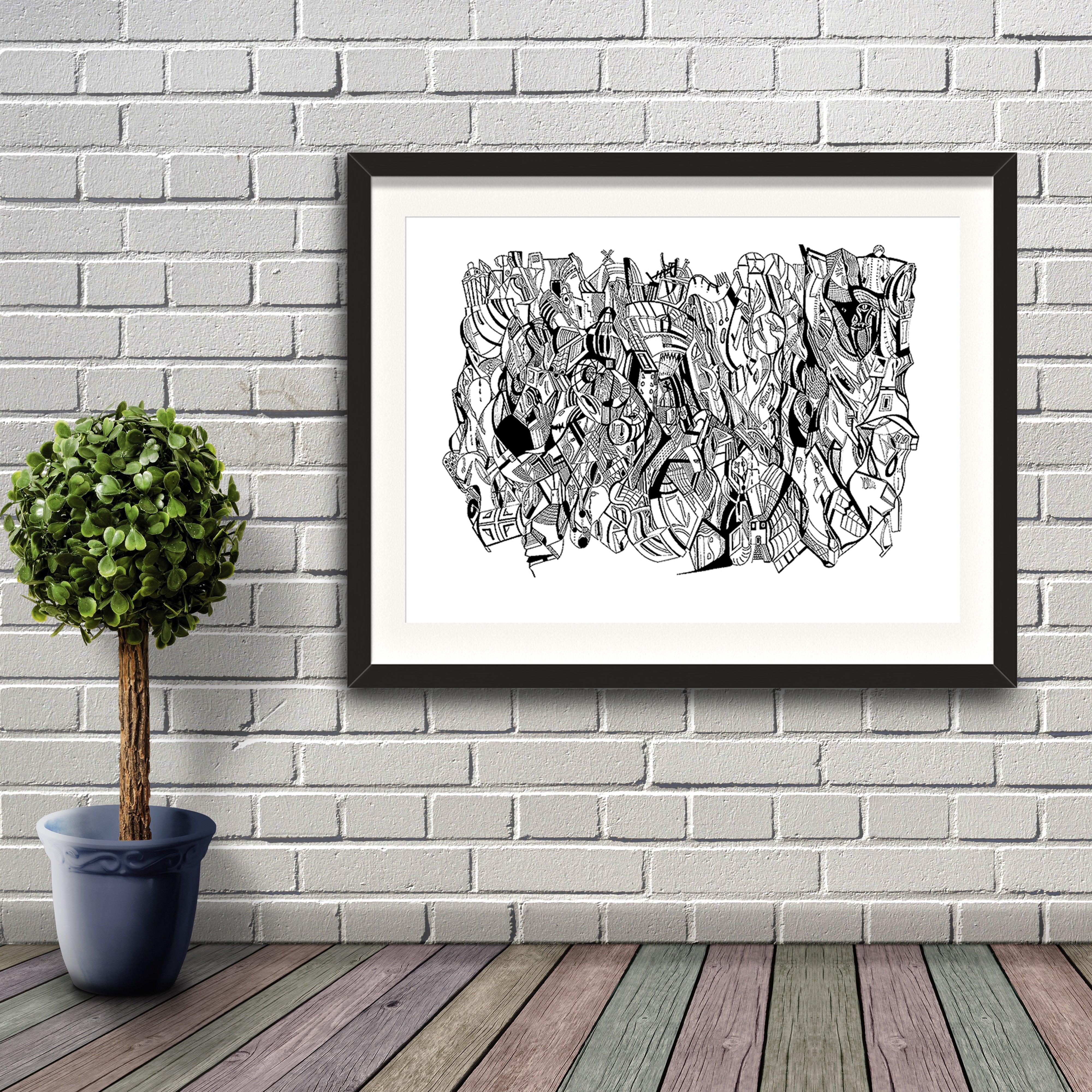 A fine art print from Jason Clarke titled It's Lonely At The Top drawn with a black Pentel pen. Artwork shown in a black frame hanging on a brick wall.