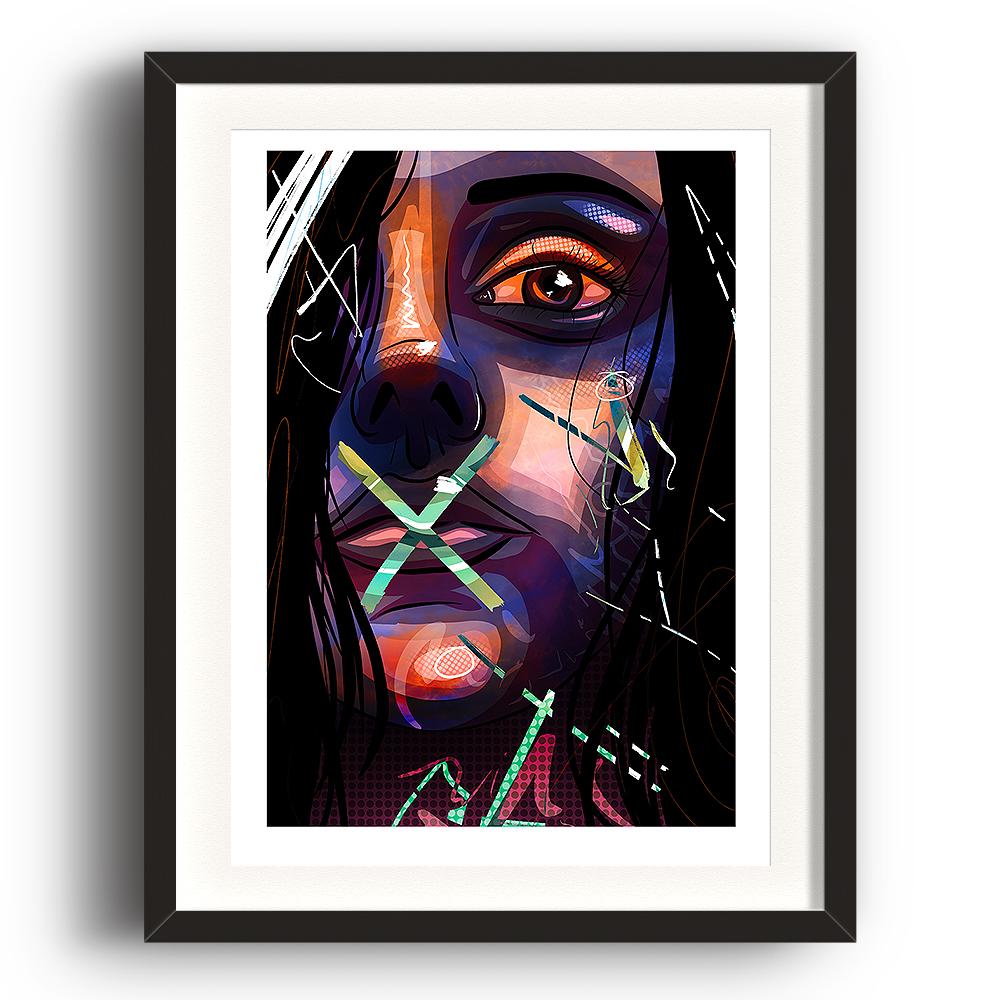 A digital pop art painting by Lily Bourne printed on eco fine art paper titled Hush Hushed showing a close up of a female face with abstract line and a green cross on here lips and mouth. The image is set in a black coloured picture frame.