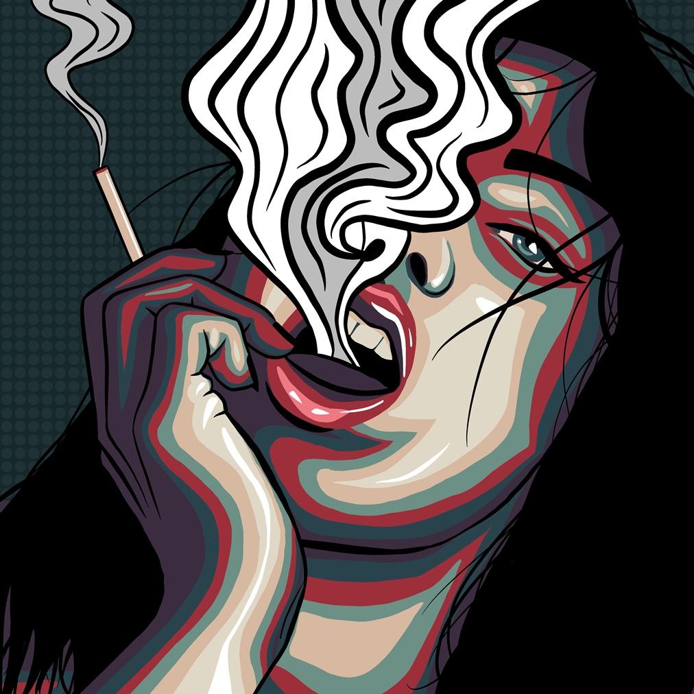 A digital pop art painting by Lily Bourne printed on eco fine art paper titled Release showing showing a female exhale smoke from a cigarette which is holding.