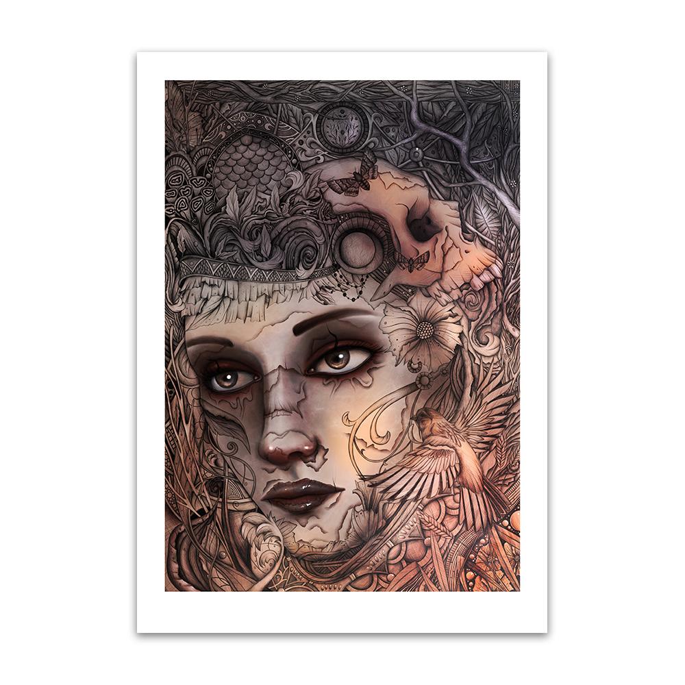 A digital painting by Lily Bourne printed on eco fine art paper titled Kalopsia showing an intricate line drawing of a female face with a bird and skull.