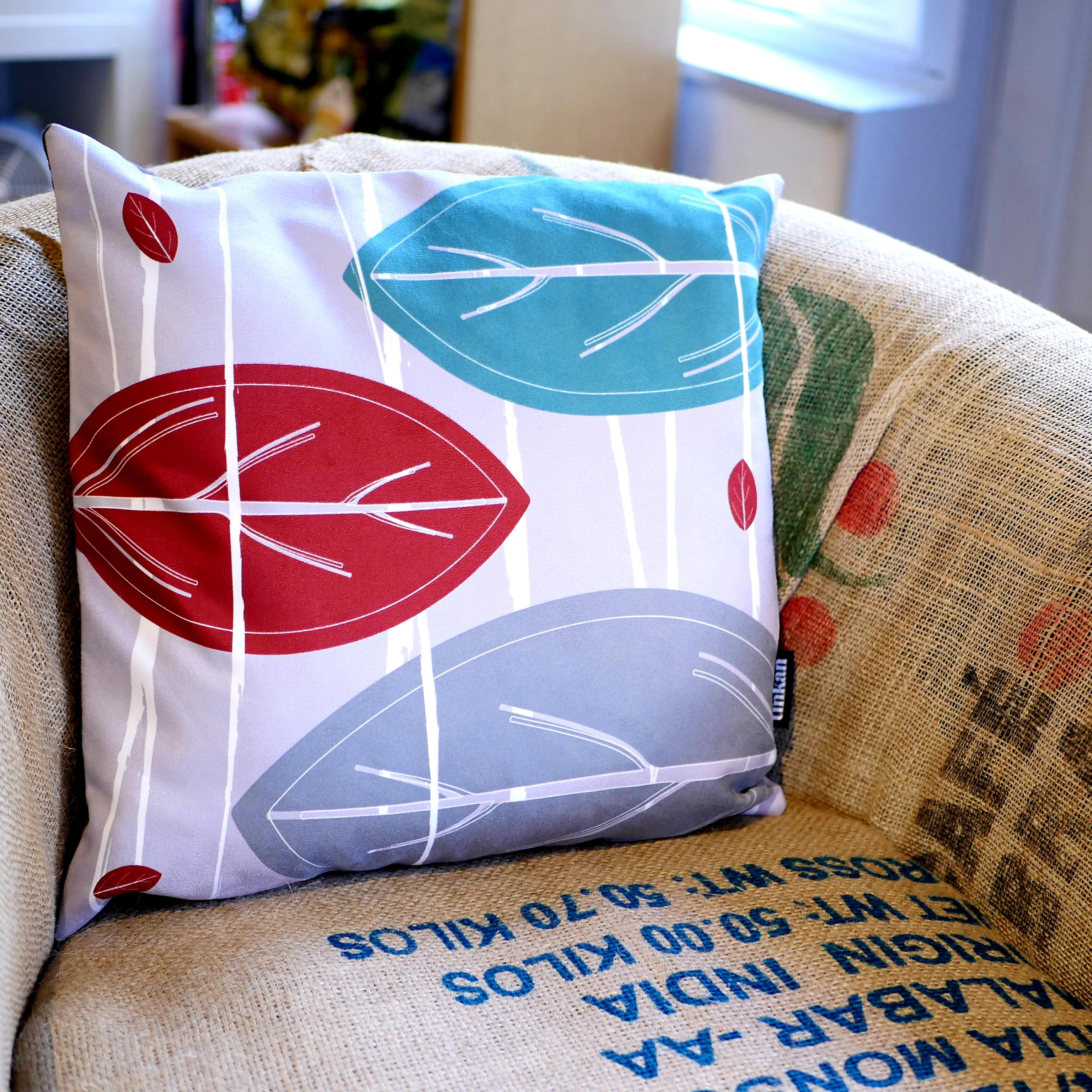 Aqua teal, red & grey faux suede soft feel Abstract Leaves Cushion, 43cm square, with luxury inner pad designed by thetinkan. VIEW PRODUCT >>