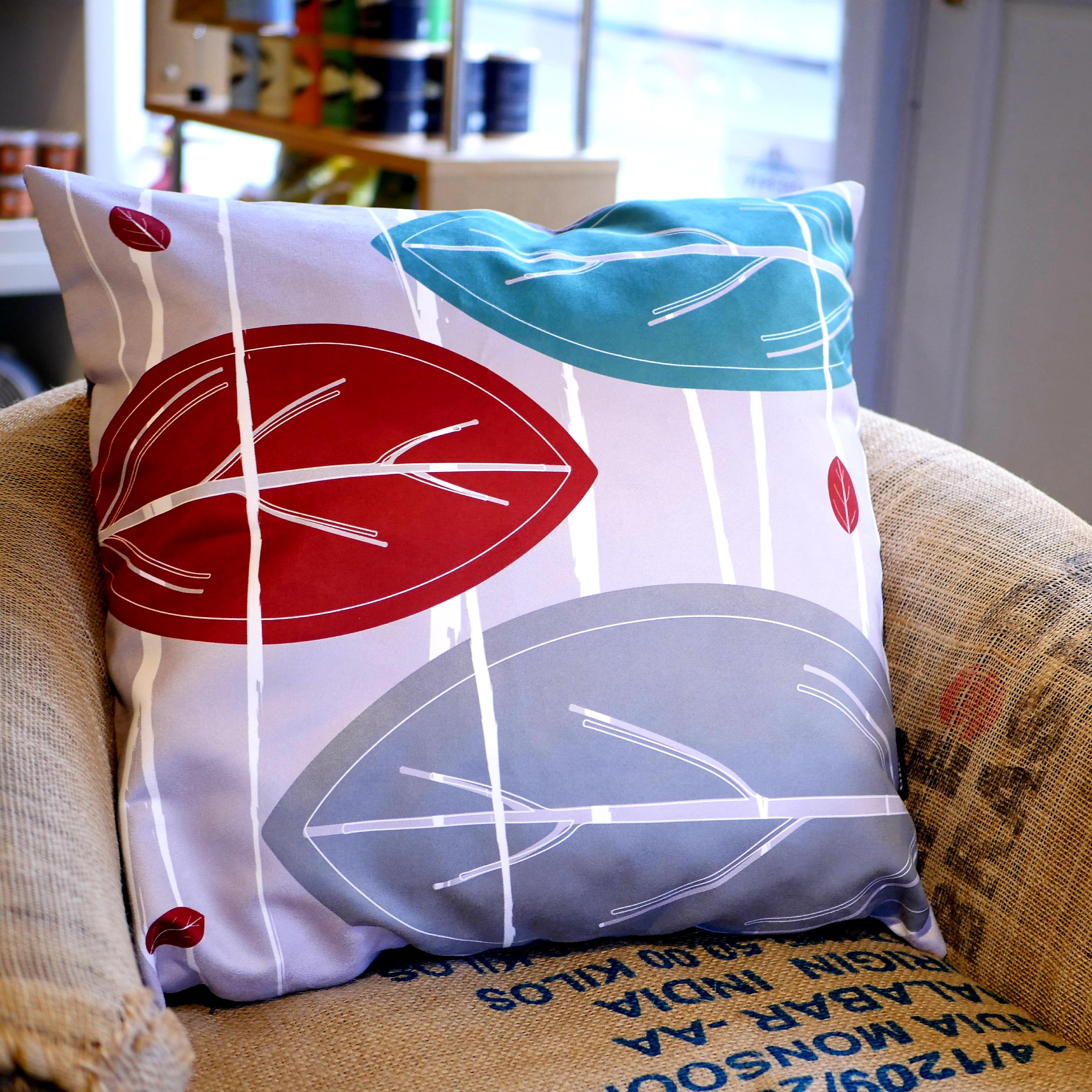 Aqua teal, red & grey faux suede soft feel Abstract Leaves Cushion, 57cm square, with luxury inner pad designed by thetinkan. VIEW PRODUCT >>