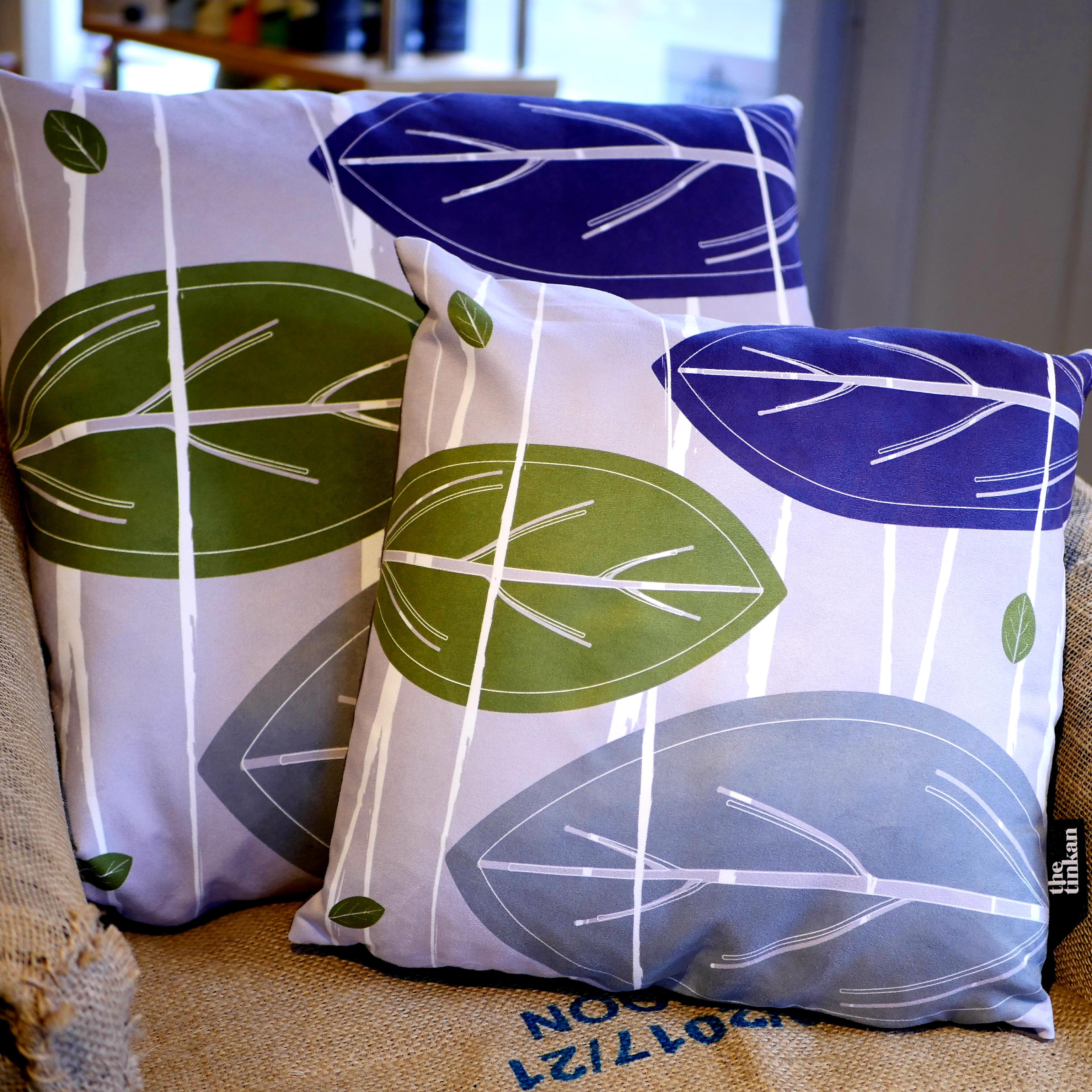 Purple, olive green & grey faux suede soft feel Abstract Leaves Cushions, 43cm & 57cm square, with luxury inner pads designed by thetinkan. VIEW PRODUCT >>