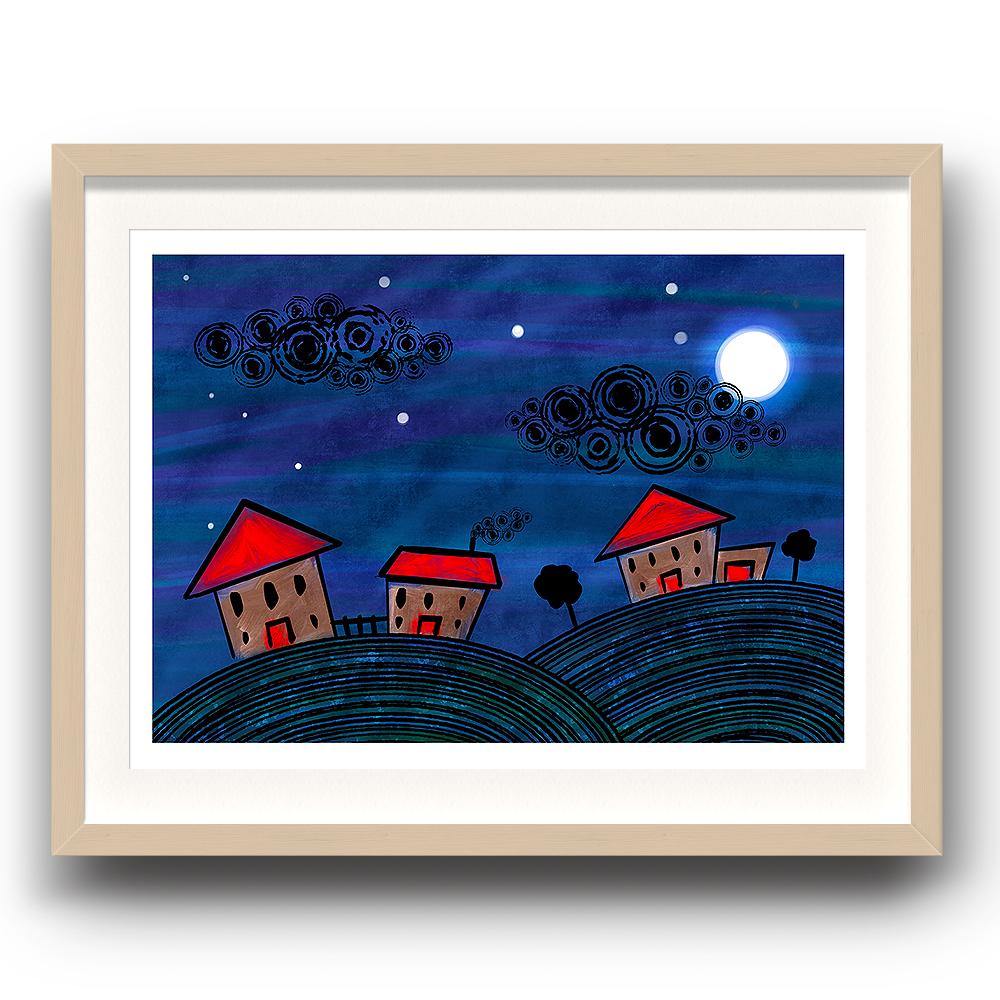 A digital painting from Lily Bourne showing an animated night scene with hill and stars in the sky and three red houses. Image is shown in a beech picture frame.