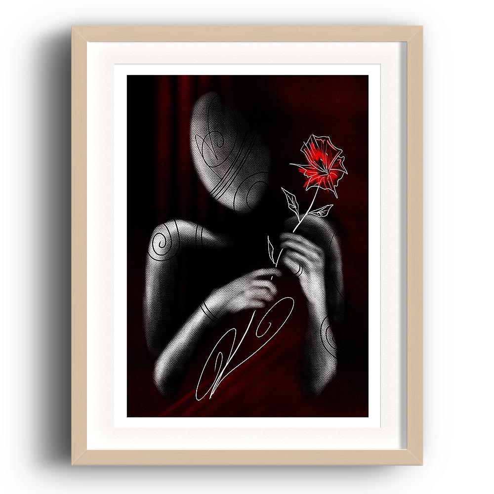 A greyscale digital painting by Lily Bourne shwing the minimalist outline of a figure presenting a red flower to viewer of the image. The image is shown pictured in a beech frame.