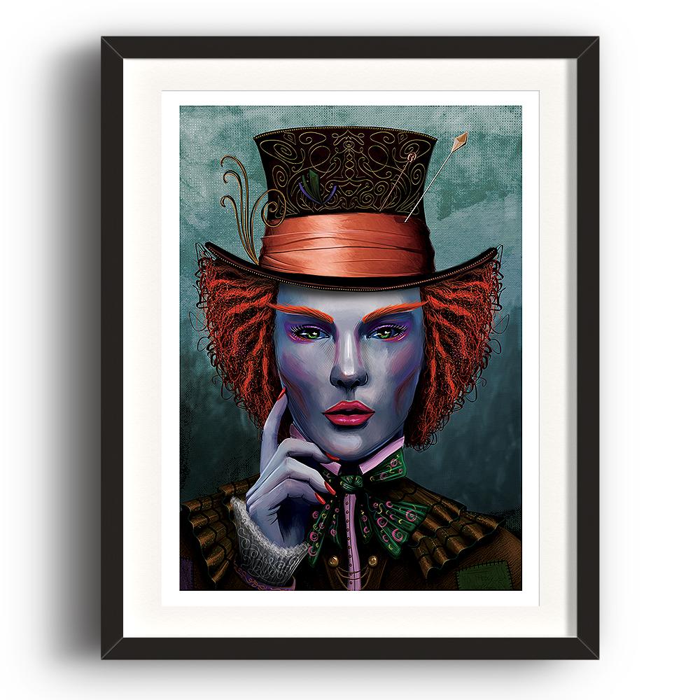 A digital painting called I Am by Lily Bourne showing face on portrait based on the character of The Mad Hatter with colourful hat and makeup. The image is set in a black coloured picture frame.