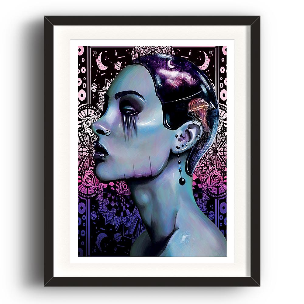 A digital painting called Depth by Lily Bourne a lilac image of a lady with a stenciled background. The lady wears a a tight skull cap with a jelly fish on it. The lady has artisitc makeup. The image is set in a black coloured picture frame.