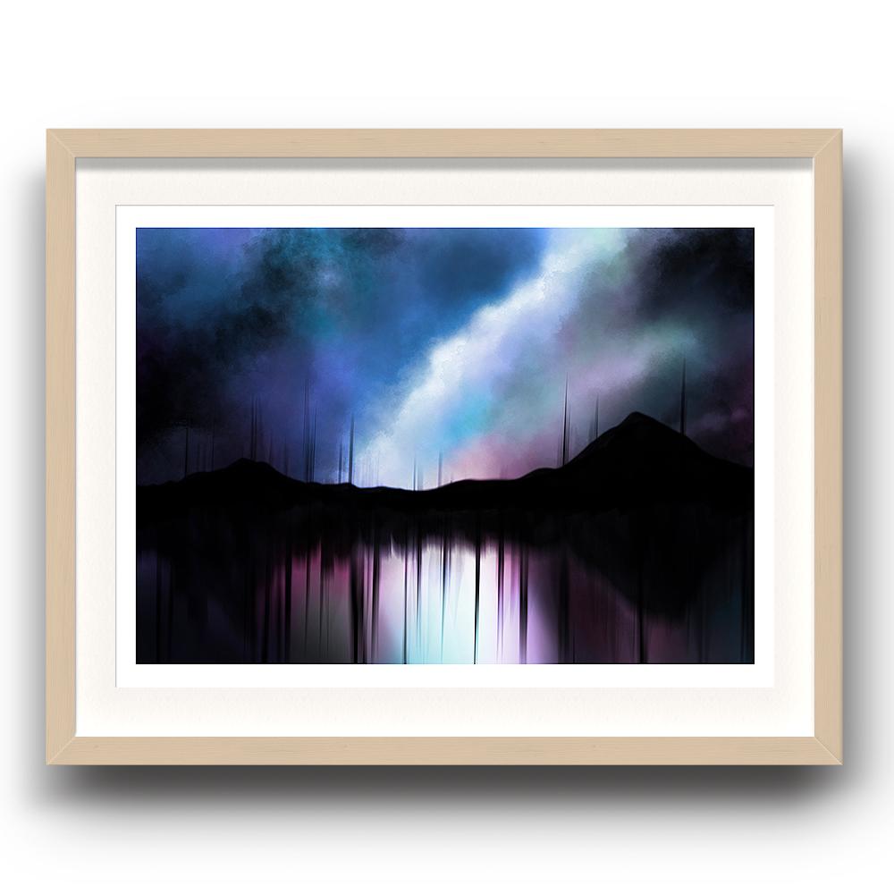A digital painting called Reflection by Lily Bourne showing an abstract silhouette landscape of mountains at night reflected in a lake. The image is set in a beech coloured picture frame.