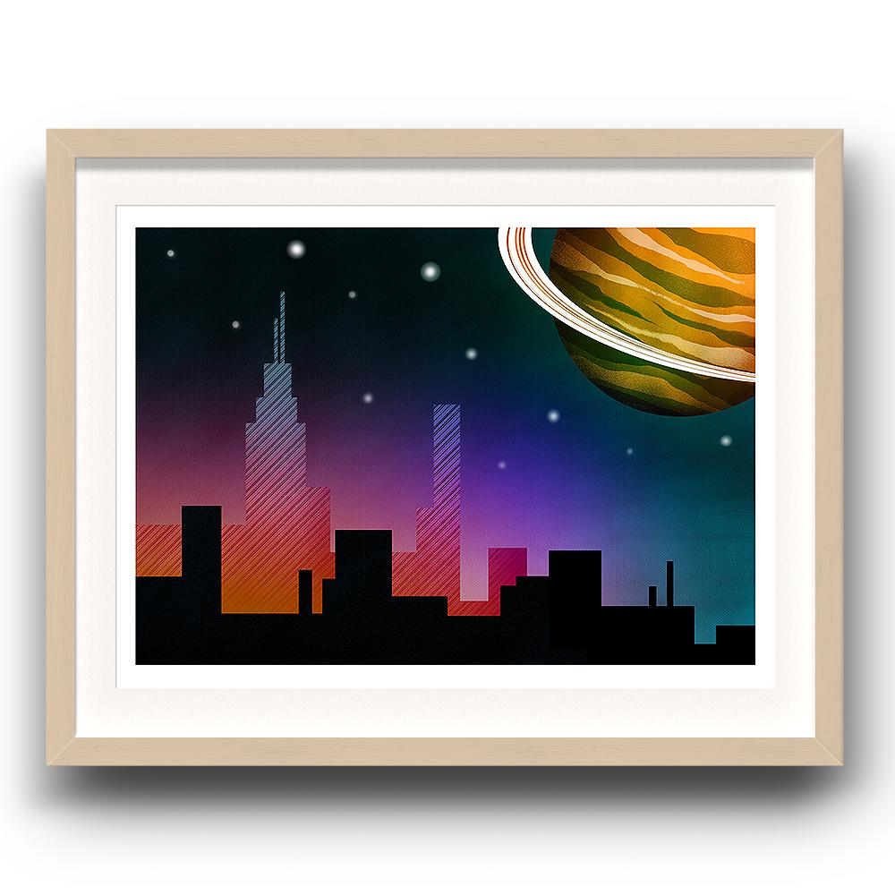 A digital painting called Planet Skyline by Lily Bourne showing a nearby animated ringed planet over a city skyline. The image is set in a beech coloured picture frame.
