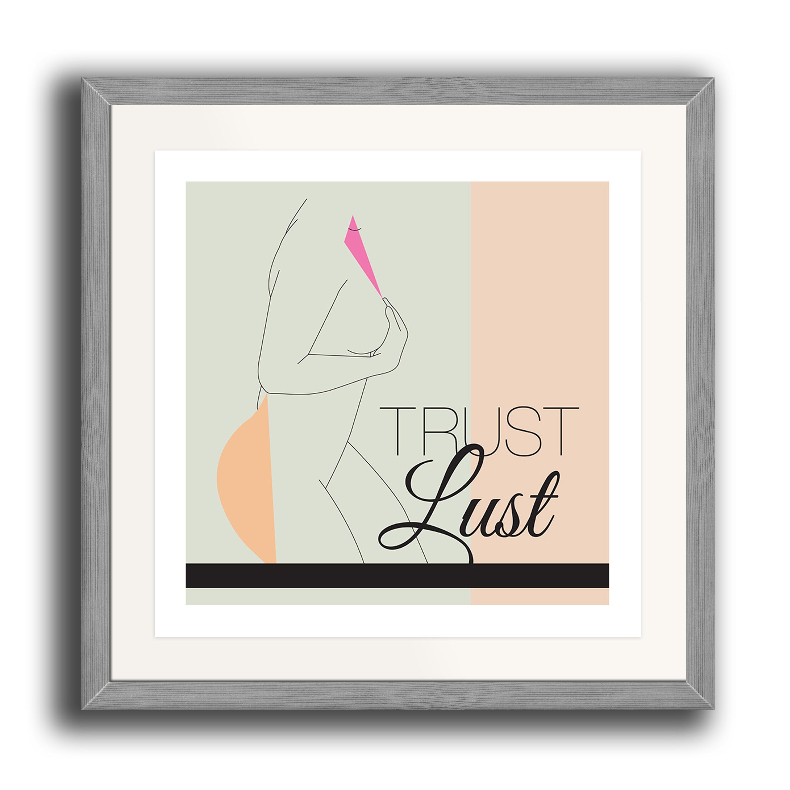 A digital typography inspired print by Clarrie-Anne on eco fine art paper titled Trust Lust showing a line drawing of a naked female with with colour, shapes and typography. The image is set in a grey coloured picture frame.