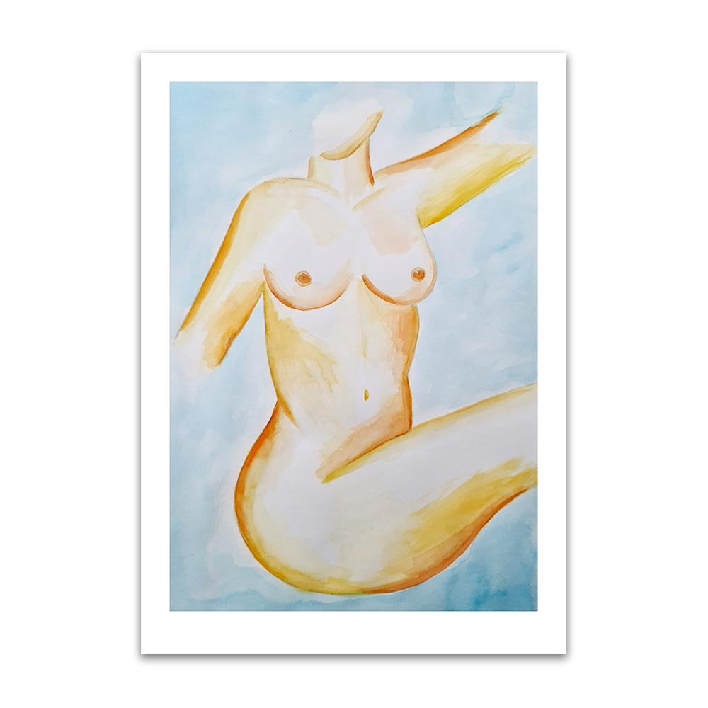 A watercolour print by Clarrie-Anne on eco fine art paper titled Confidence, showing a naked woman woman sitting with leg posed and arm raised.