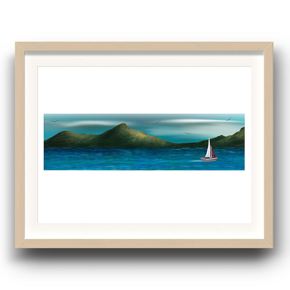 A digital painting by Lily Bourne printed on eco fine art paper titled Just Breath 1.3 showing a landshape view of a sail boat with one person sailing on open water with mountains behinds and birds flying above. The image is set in a beech coloured picture frame.