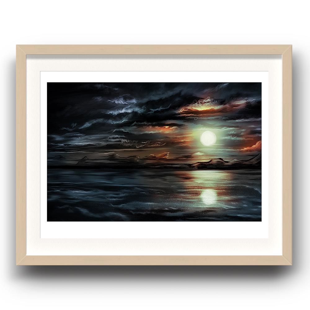 A digital painting by Lily Bourne printed on eco fine art paper titled Moonlight Calm showing a moonlit night with the moon relecting in the calm sea. The image is set in a beech coloured picture frame.