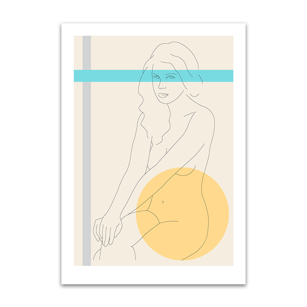 A digital illustration by Clarrie-Anne on eco fine art paper titled I Am Woman showing a handdrawn lined woman sitting with an abstract yellow circle and grey border line in the picture.