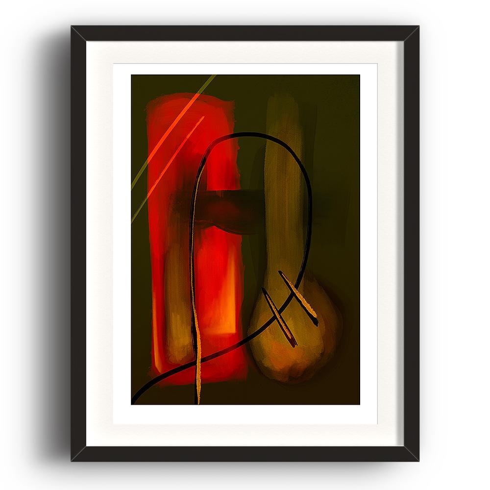 An abstract digital painting by Lily Bourne printed on eco fine art paper titled Autumnal Warmth Prevailing showing warm red tones against against dark green. Hand drawn black and orange lines crossing the colours. The image is set in a black coloured picture frame.