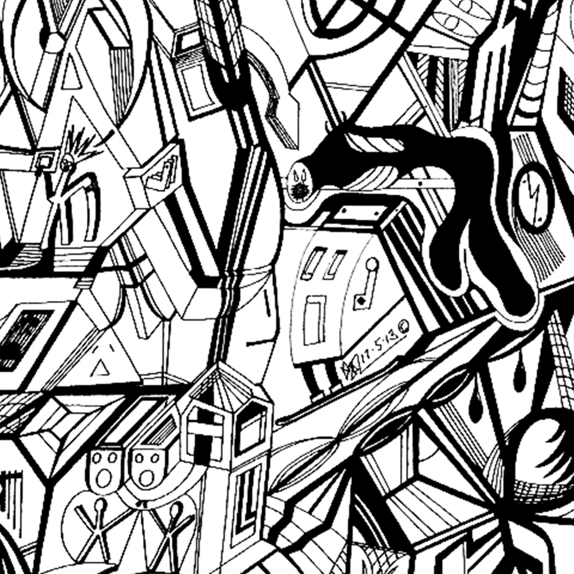 Close up of part of a fine art print from Jason Clarke titled 4 O'Clock Wall drawn with a black Pentel pen.