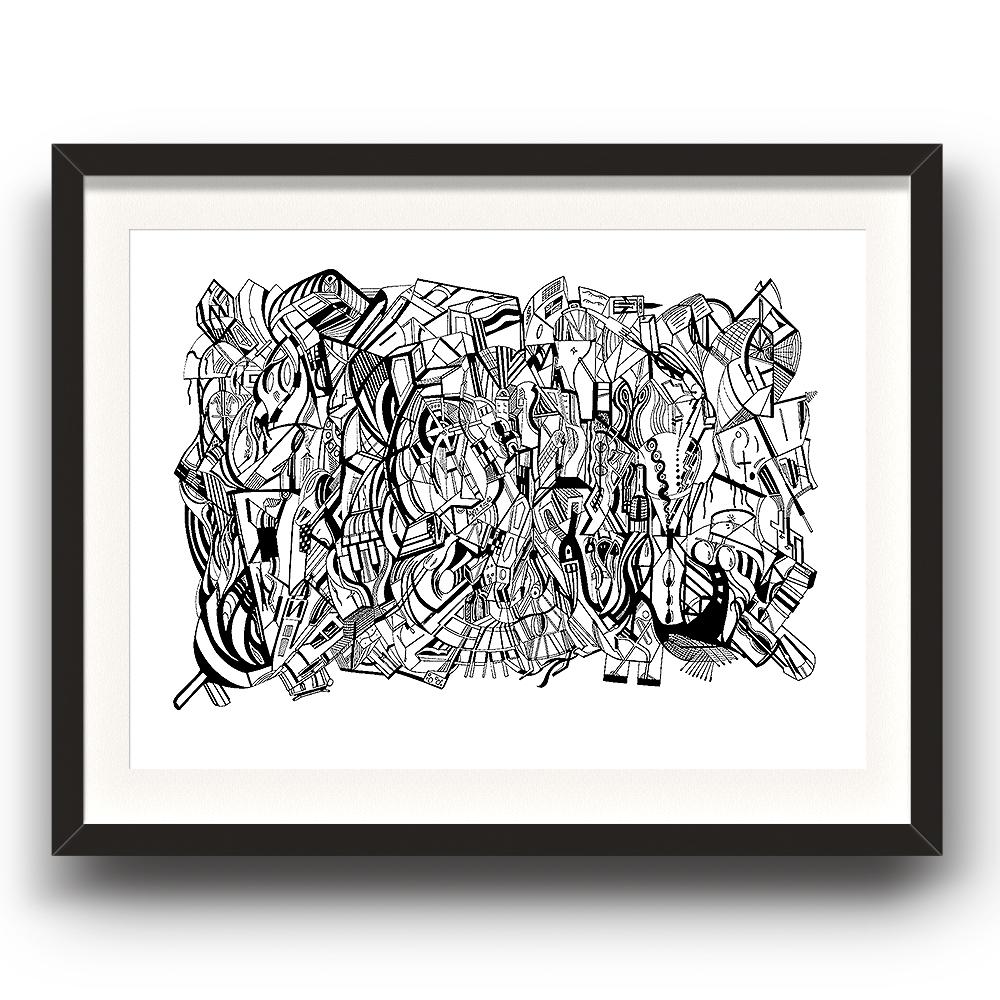 A fine art print from Jason Clarke titled inside The Machine drawn with a black Pentel pen. The image is set in a black coloured picture frame.
