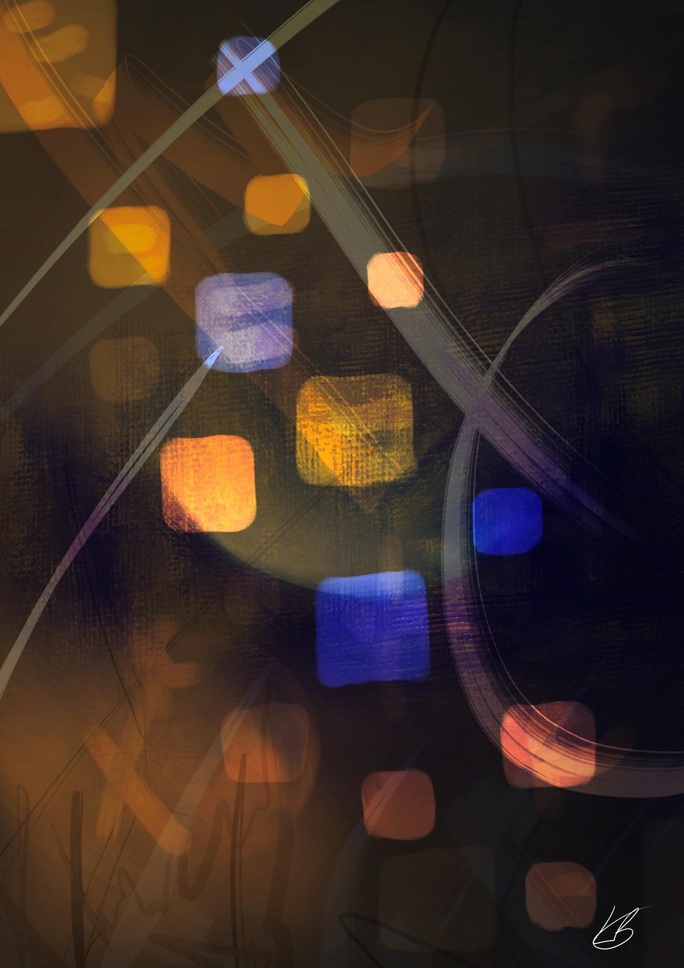 An abstract digital painting by Lily Bourne titled Abstract 2.0. Coloured with a series of shapes and stroke in blue and yellow on a brown background.