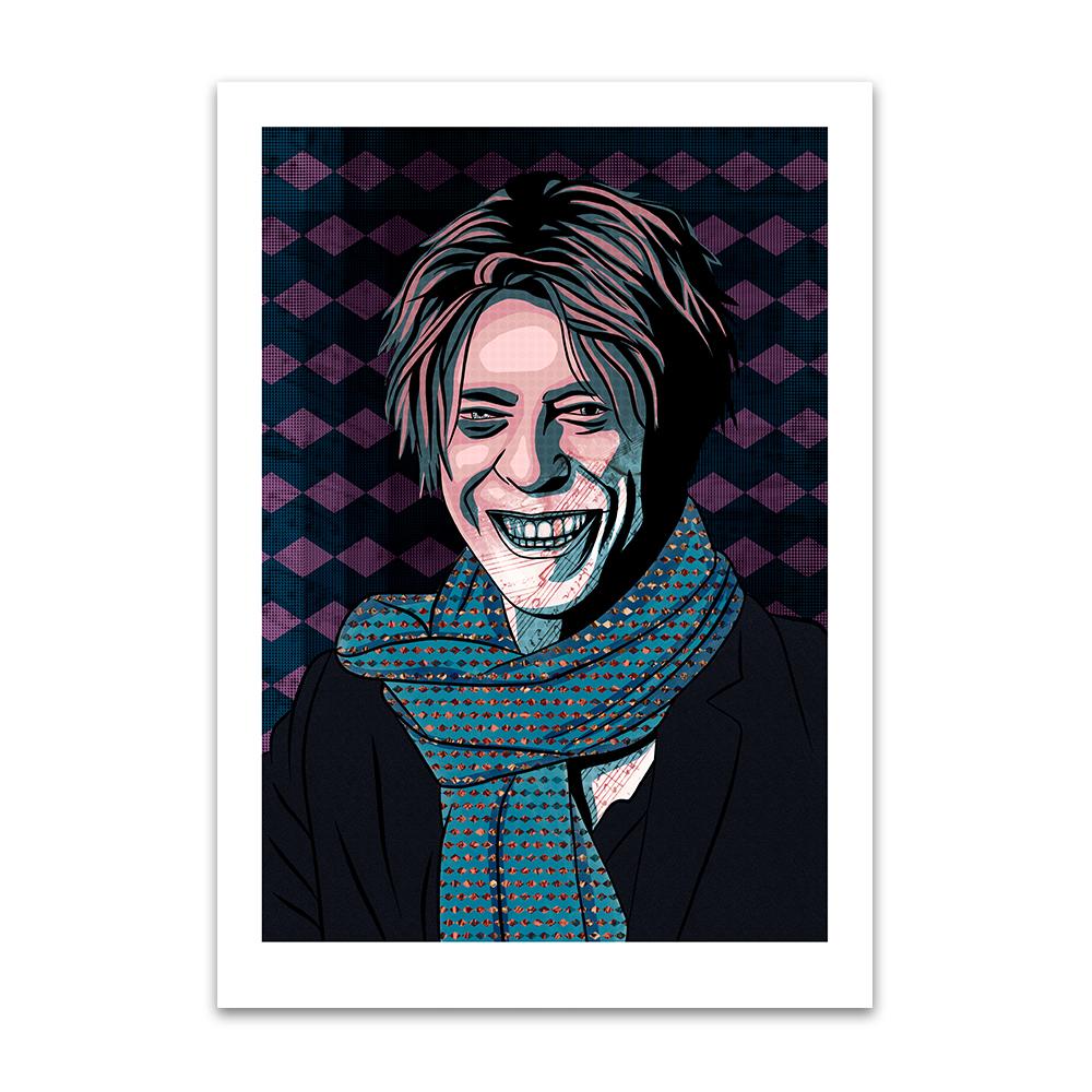 A digital painting by Lily Bourne printed on eco fine art paper titled David Bowie 2.1 showing the music legend digital painted in purple from around 2002.