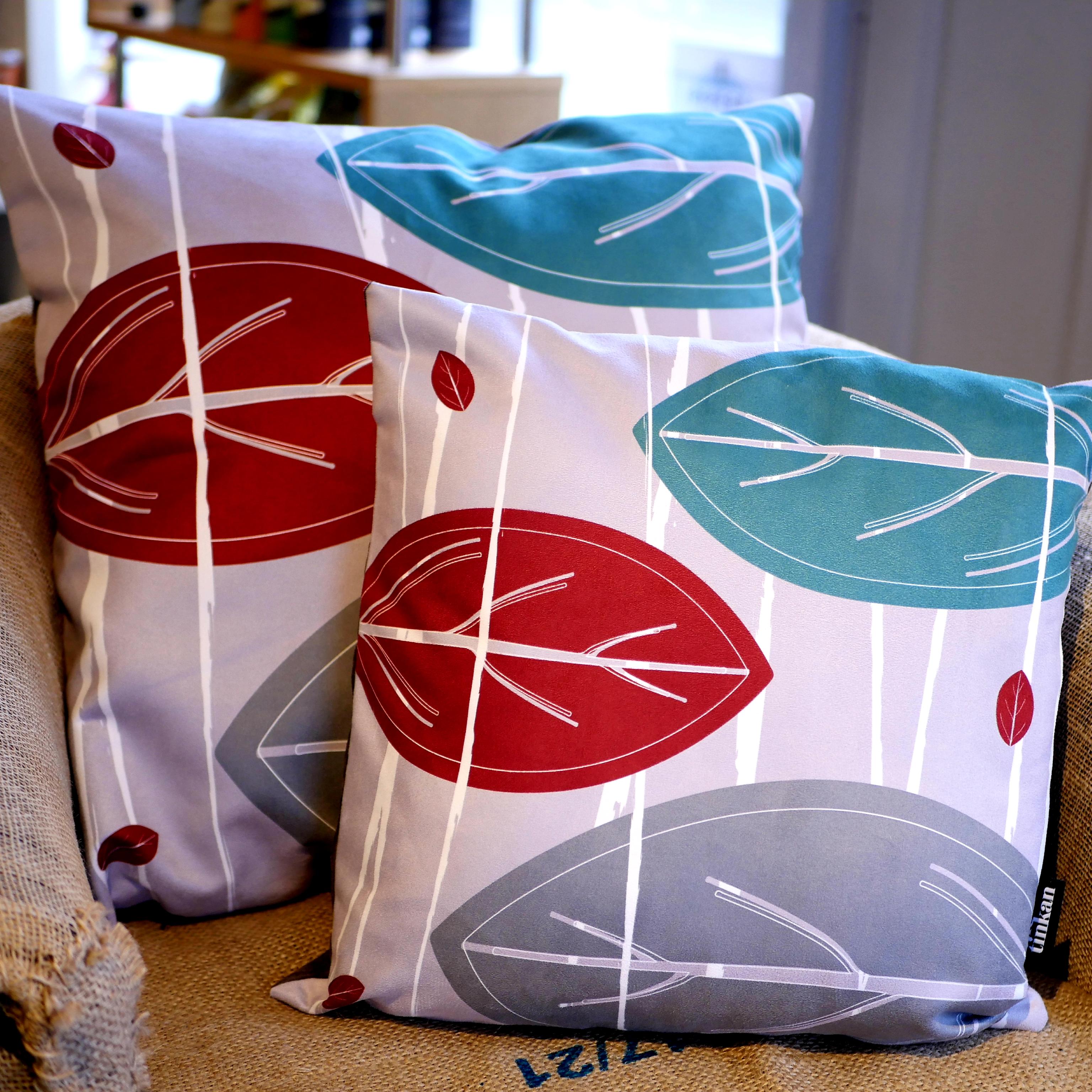 Aqua teal, red & grey faux suede soft feel Abstract Leaves Cushions, 43cm & 57cm square, with luxury inner pads designed by thetinkan. VIEW PRODUCT >>