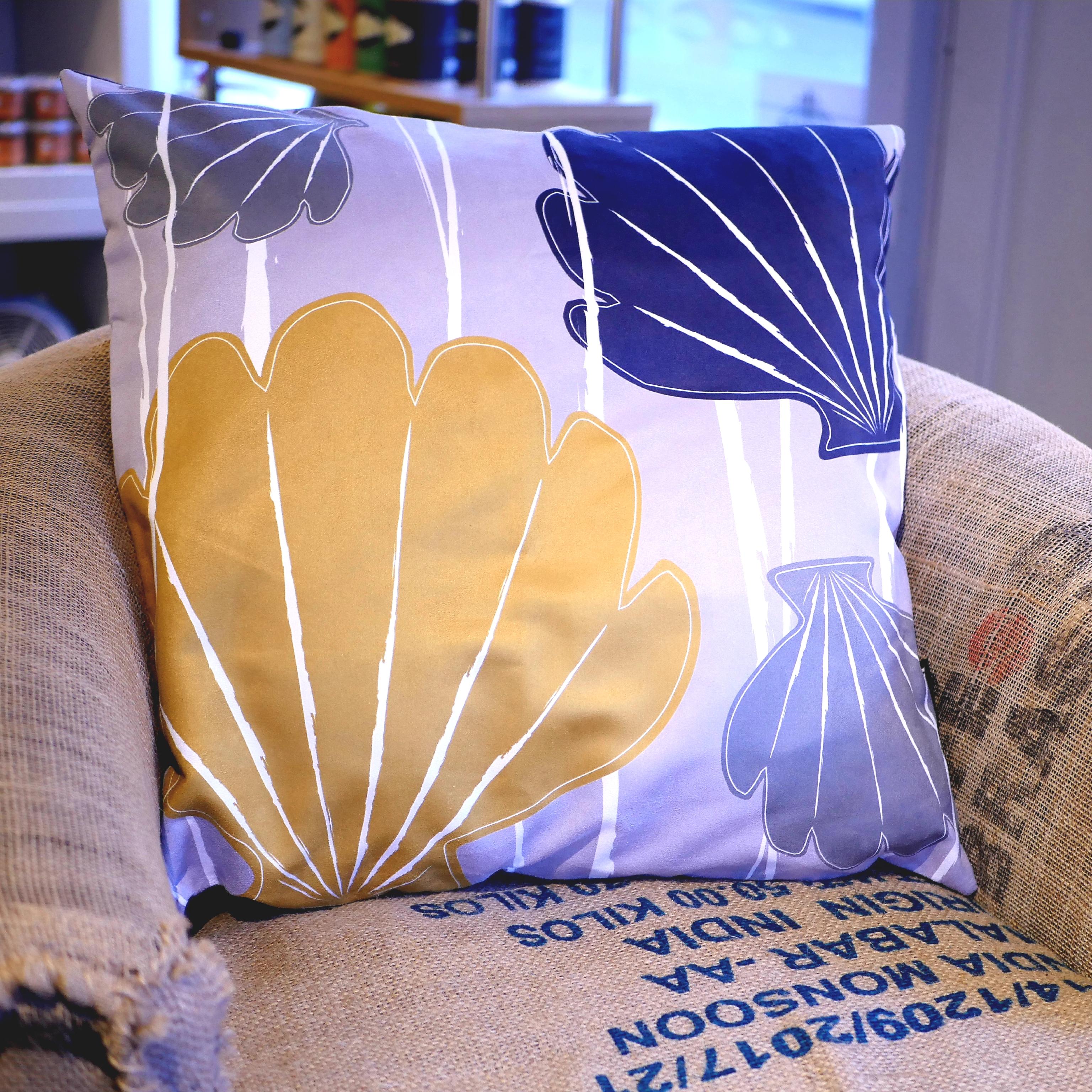 Blue, mustard yellow & grey faux suede soft feel Abstract Shells Cushion, 57cm square, with luxury inner pad designed by thetinkan. VIEW PRODUCT >>