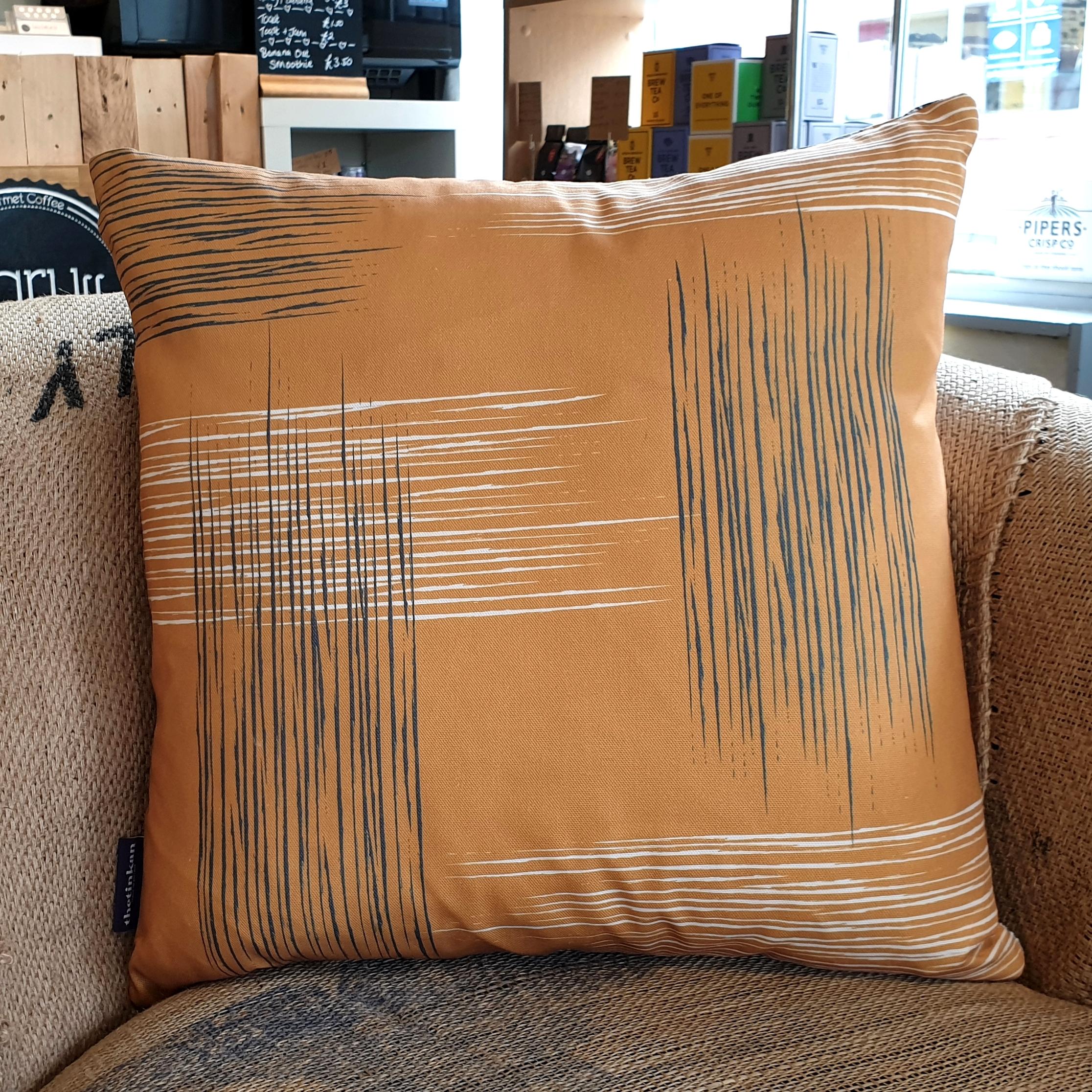 Double-sided mustard yellow 45cm square retro themed cushion with artistic grey and white shards designed by thetinkan. Available with an optional luxury cushion inner pad. VIEW PRODUCT >>