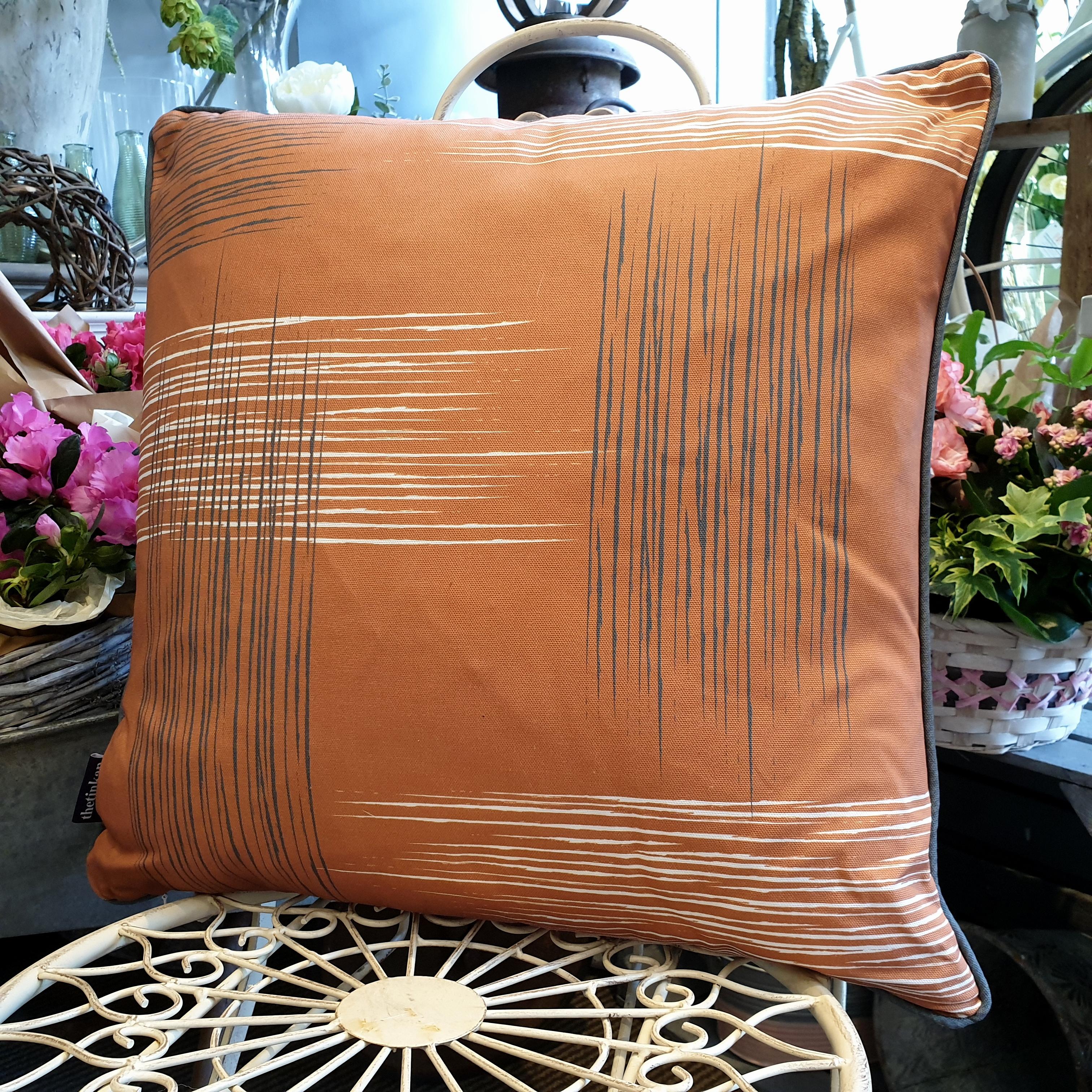 Double-sided warm rust orange 51cm square retro themed cushion with artistic grey and white shards and grey handcrafted piping designed by thetinkan. Available with an optional luxury cushion inner pad. VIEW PRODUCT >>