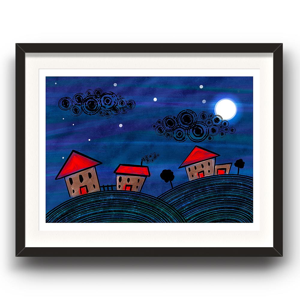 A digital painting from Lily Bourne showing an animated night scene with hill and stars in the sky and three red houses. Image is shown in a black picture frame.