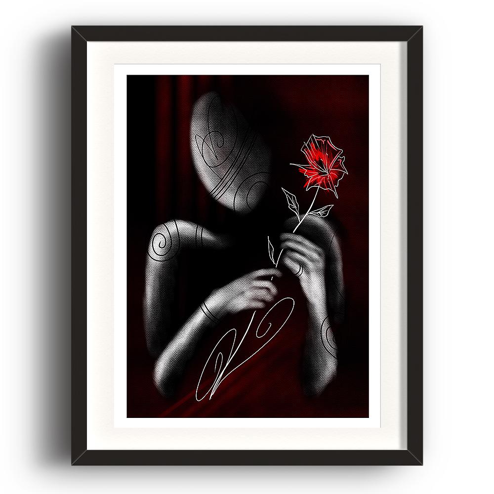 A greyscale digital painting by Lily Bourne shwing the minimalist outline of a figure presenting a red flower to viewer of the image. The image is shown pictured in a black frame.