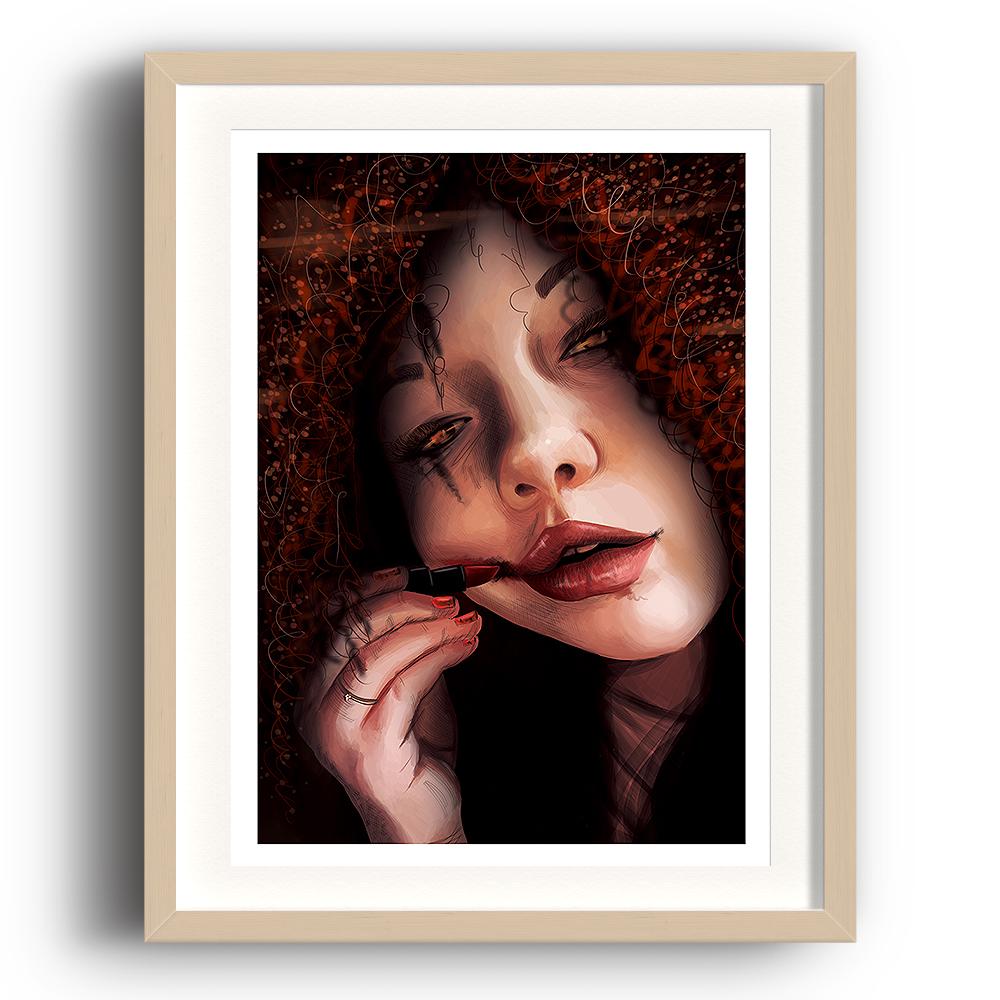 A digital painting called Repeat by Lily Bourne showing a curly haired female with a eyeshadow smudged after crying. She is applying lipstick which she is smudging across her face and has dirt beneath her nails. The image is set in a beech coloured picture frame.