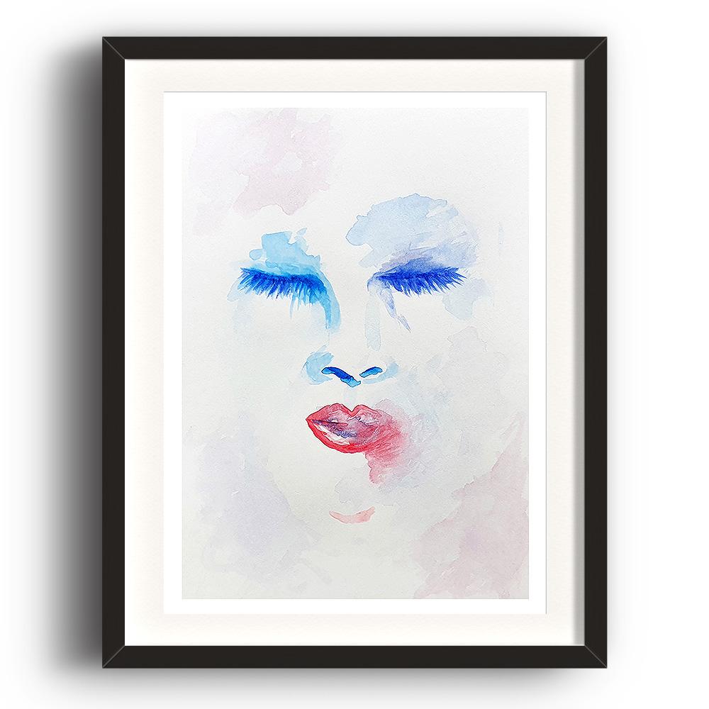 A watercolour print by Clarrie-Anne on eco fine art paper titled Delusion showing a red and blue outlined female face with eyes and lips on a atercolour wash background. The image is set in a black coloured picture frame.