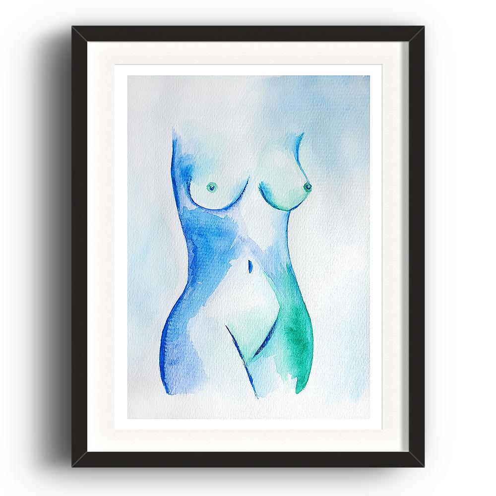 A watercolour print by Clarrie-Anne on eco fine art paper titled In The Night showing a blue and turquoise naked woman on a wash background. The image is set in a black coloured picture frame.